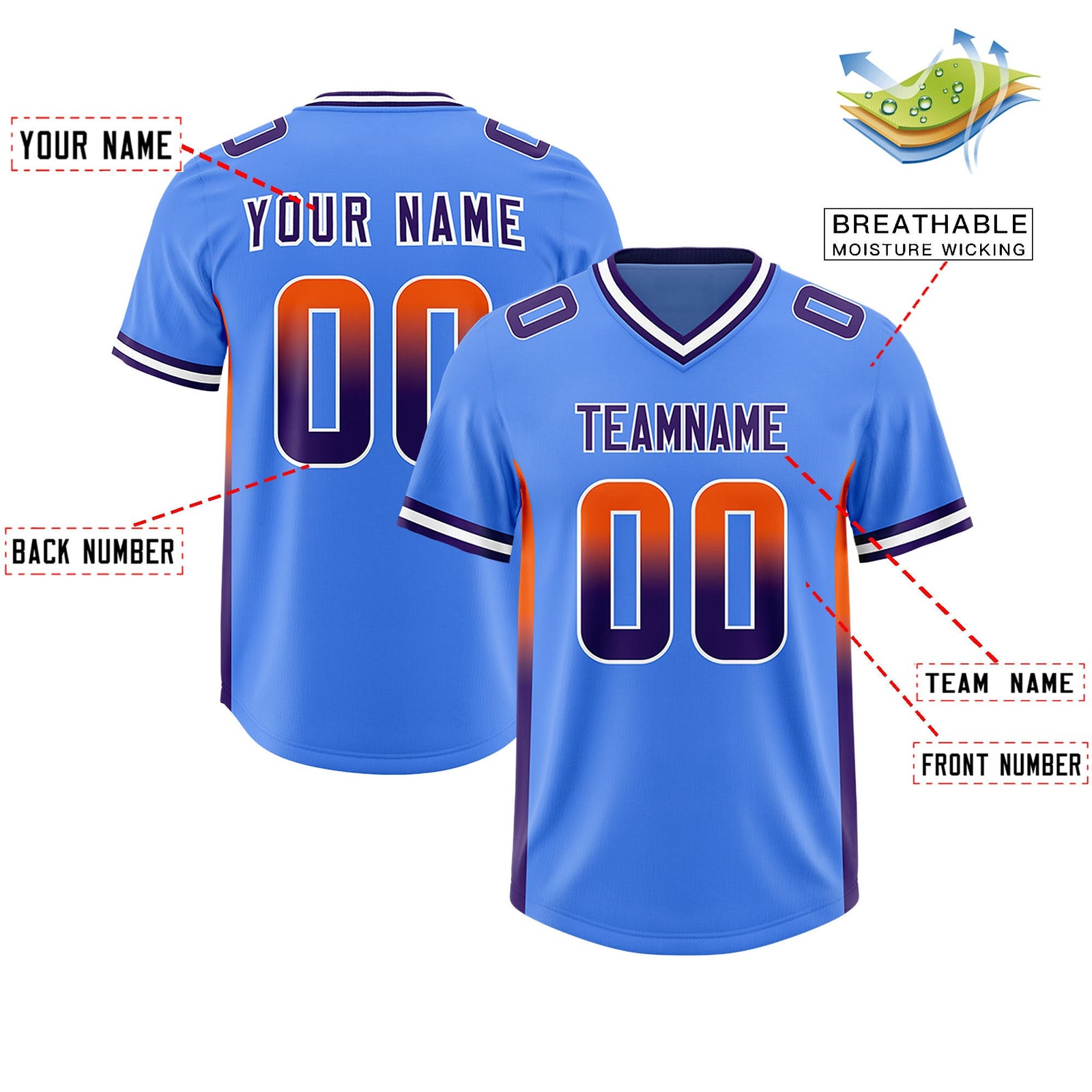 Custom Powder Blue Orange and Purple Sides Gradient Fashion Personalized Team Football Jersey