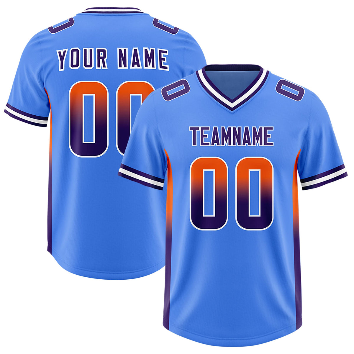Custom Powder Blue Orange and Purple Sides Gradient Fashion Personalized Team Football Jersey