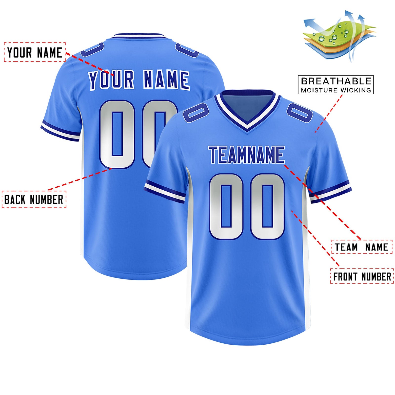 Custom Powder Blue Gray and White Sides Gradient Fashion Personalized Team Football Jersey