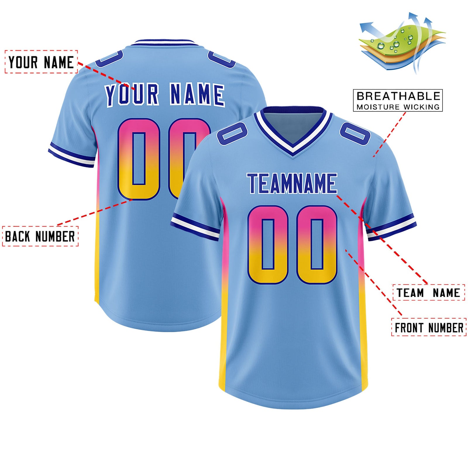Custom Powder Blue Pink and Gold Sides Gradient Fashion Personalized Team Football Jersey