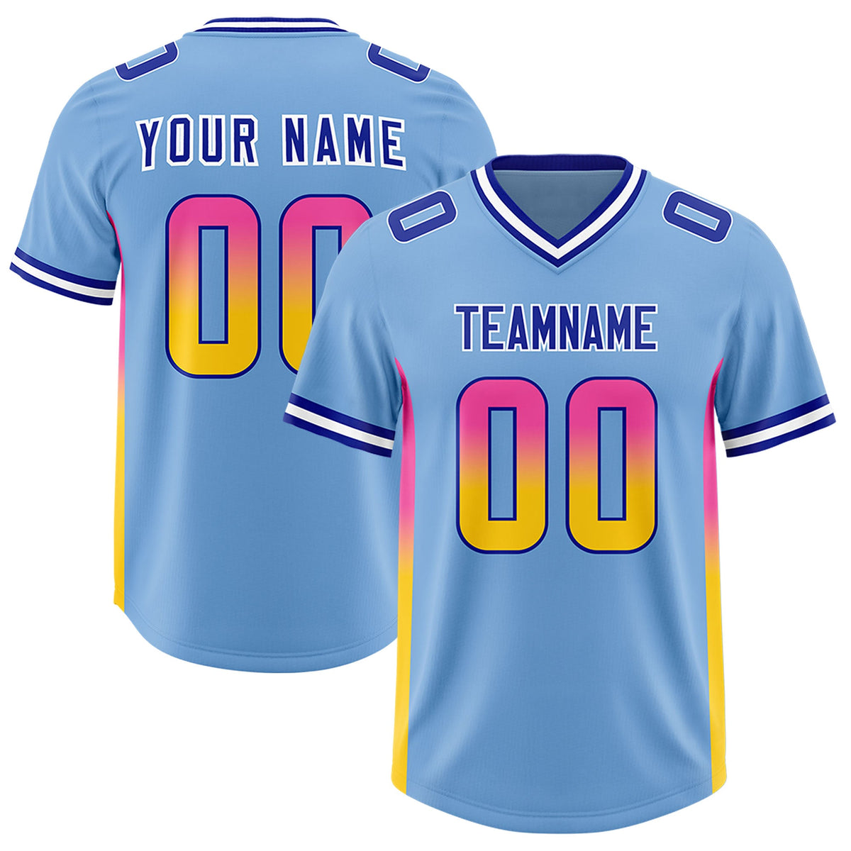 Custom Powder Blue Pink and Gold Sides Gradient Fashion Personalized Team Football Jersey