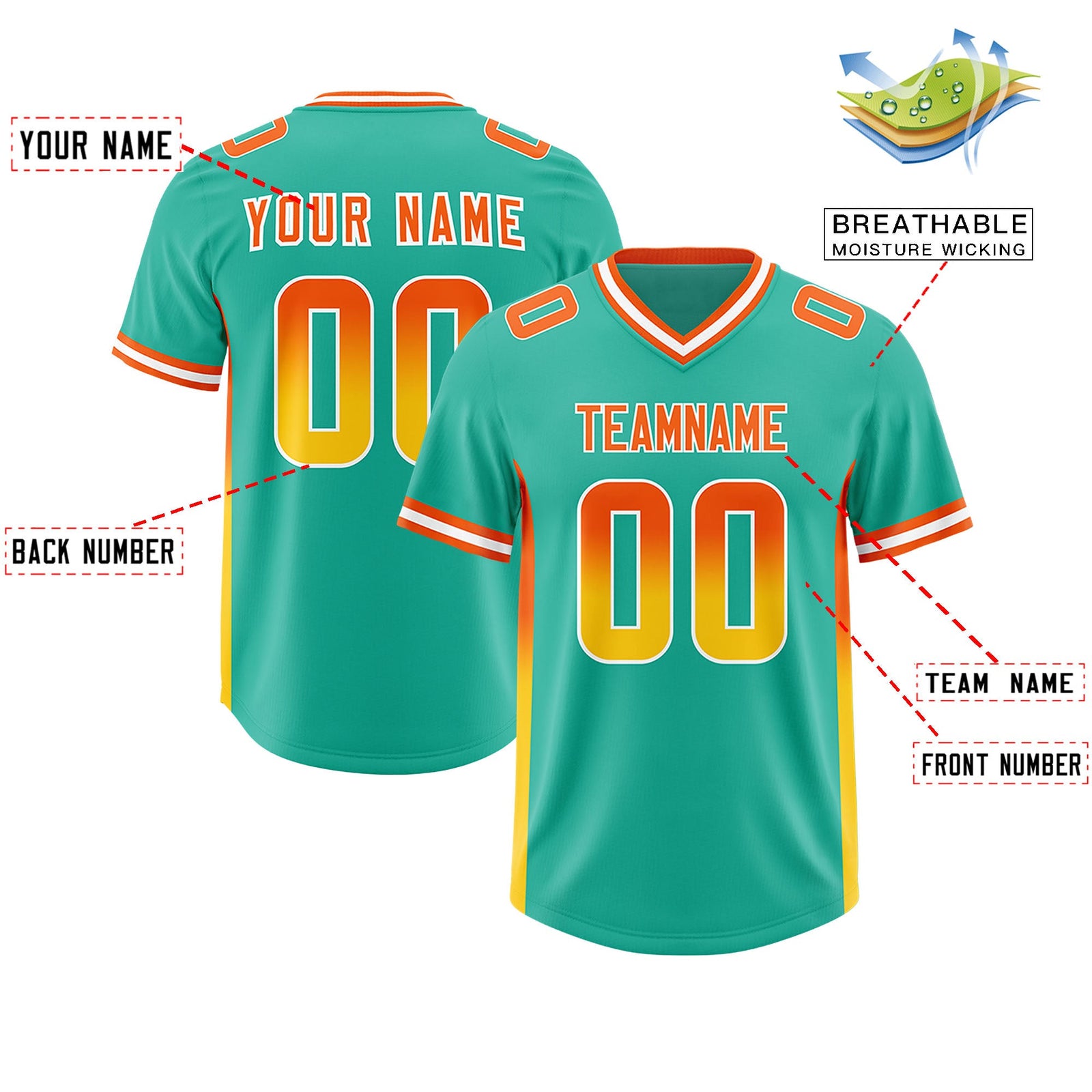 Custom Bright Green Orange and Gold Sides Gradient Fashion Personalized Team Football Jersey