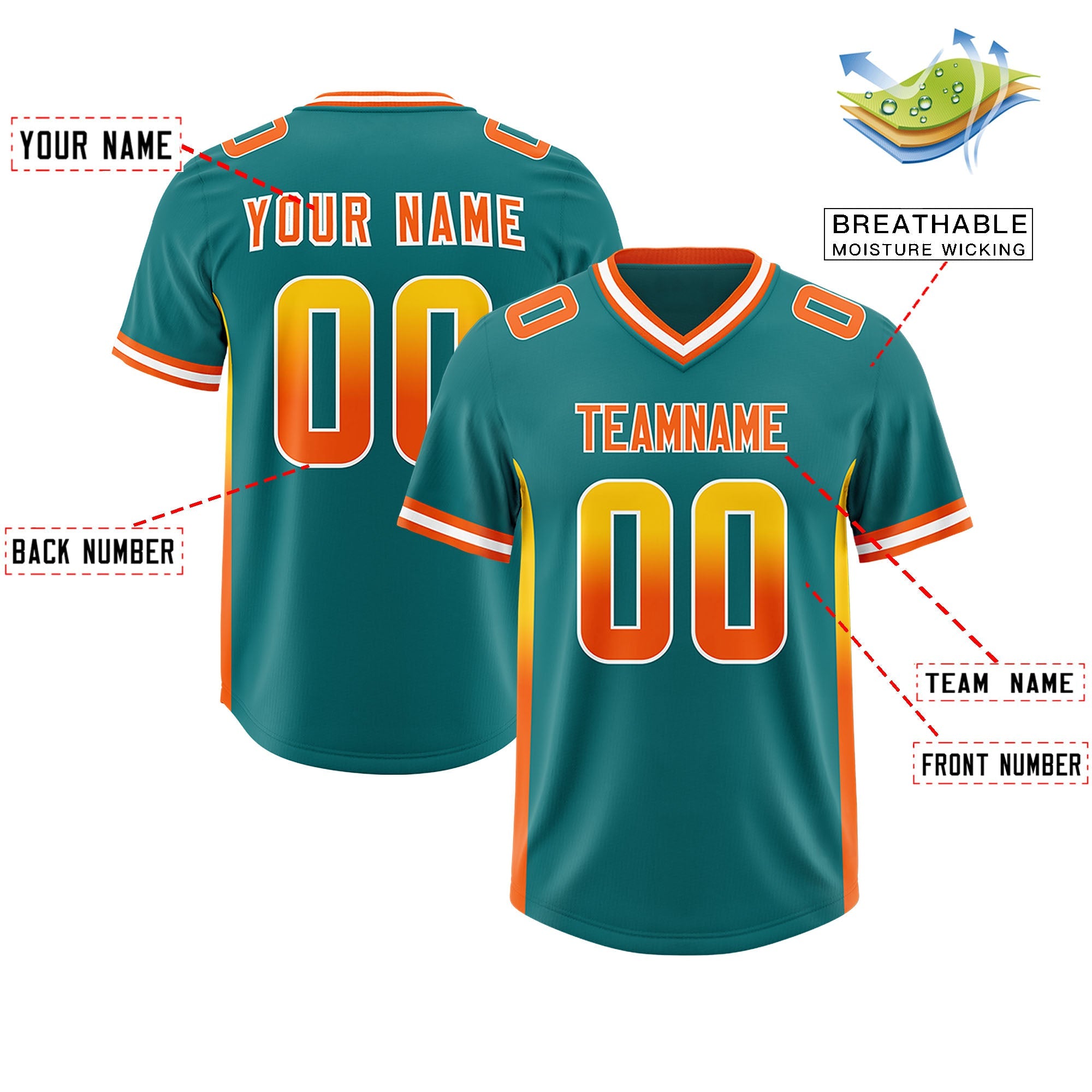 Custom Aqua Gold Sides Gradient Fashion Personalized Team Football Jersey
