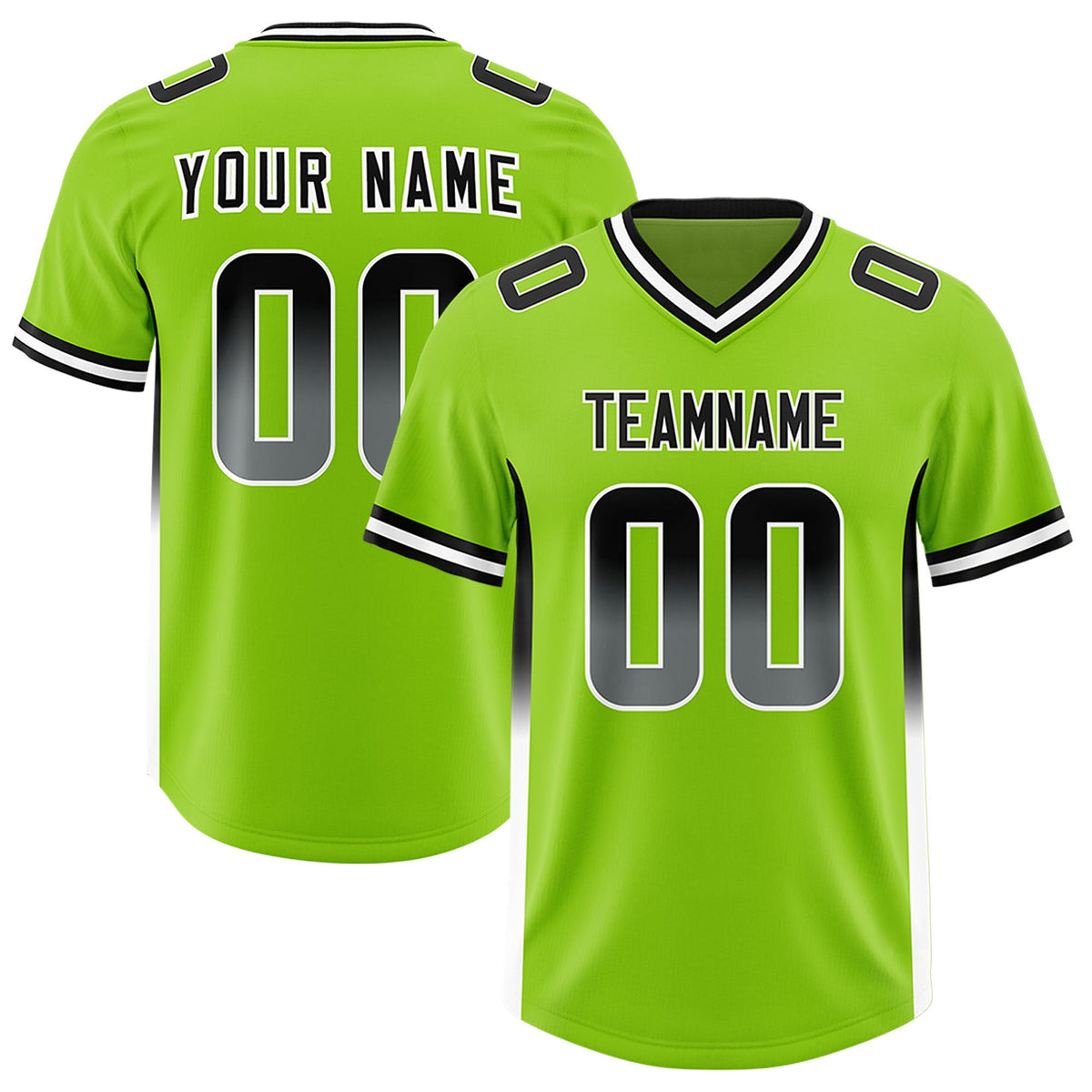 Custom Neon Green Black and White Sides Gradient Fashion Personalized Team Football Jersey