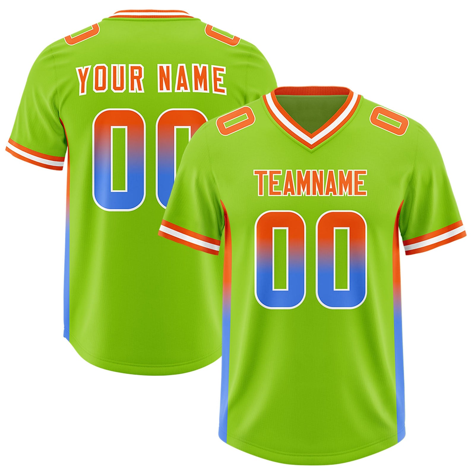Custom Neon Green Orange and Powder Blue Sides Gradient Fashion Personalized Team Football Jersey