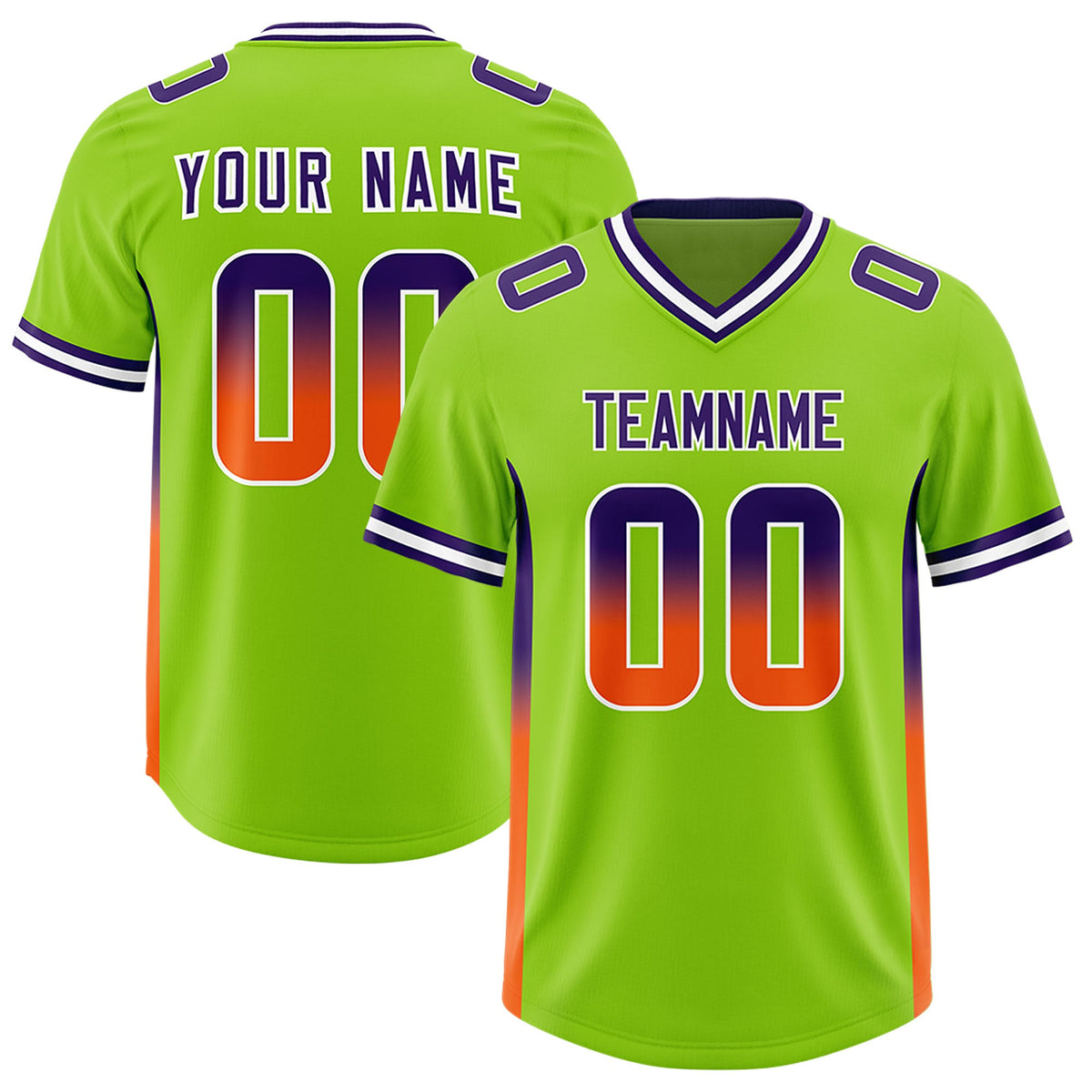 Custom Neon Green Purple and Orange Sides Gradient Fashion Personalized Team Football Jersey