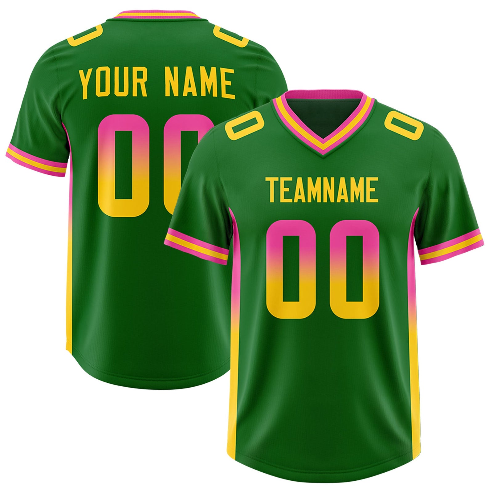 Custom Kelly Green Pink and Gold Sides Gradient Fashion Personalized Team Football Jersey