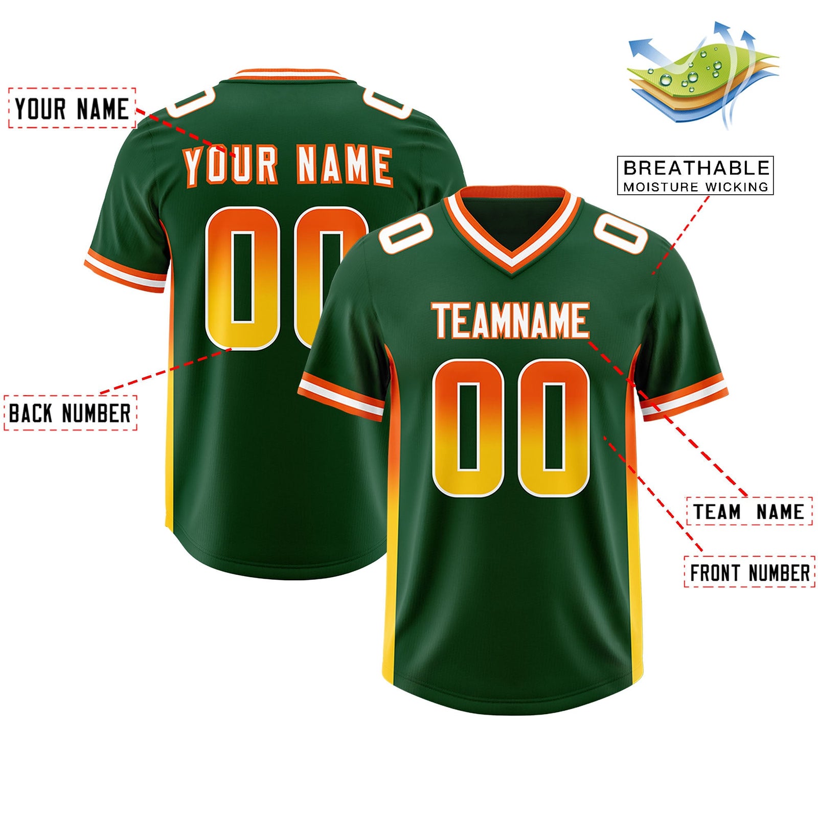 Custom Green Orange and Gold Sides Gradient Fashion Personalized Team Football Jersey