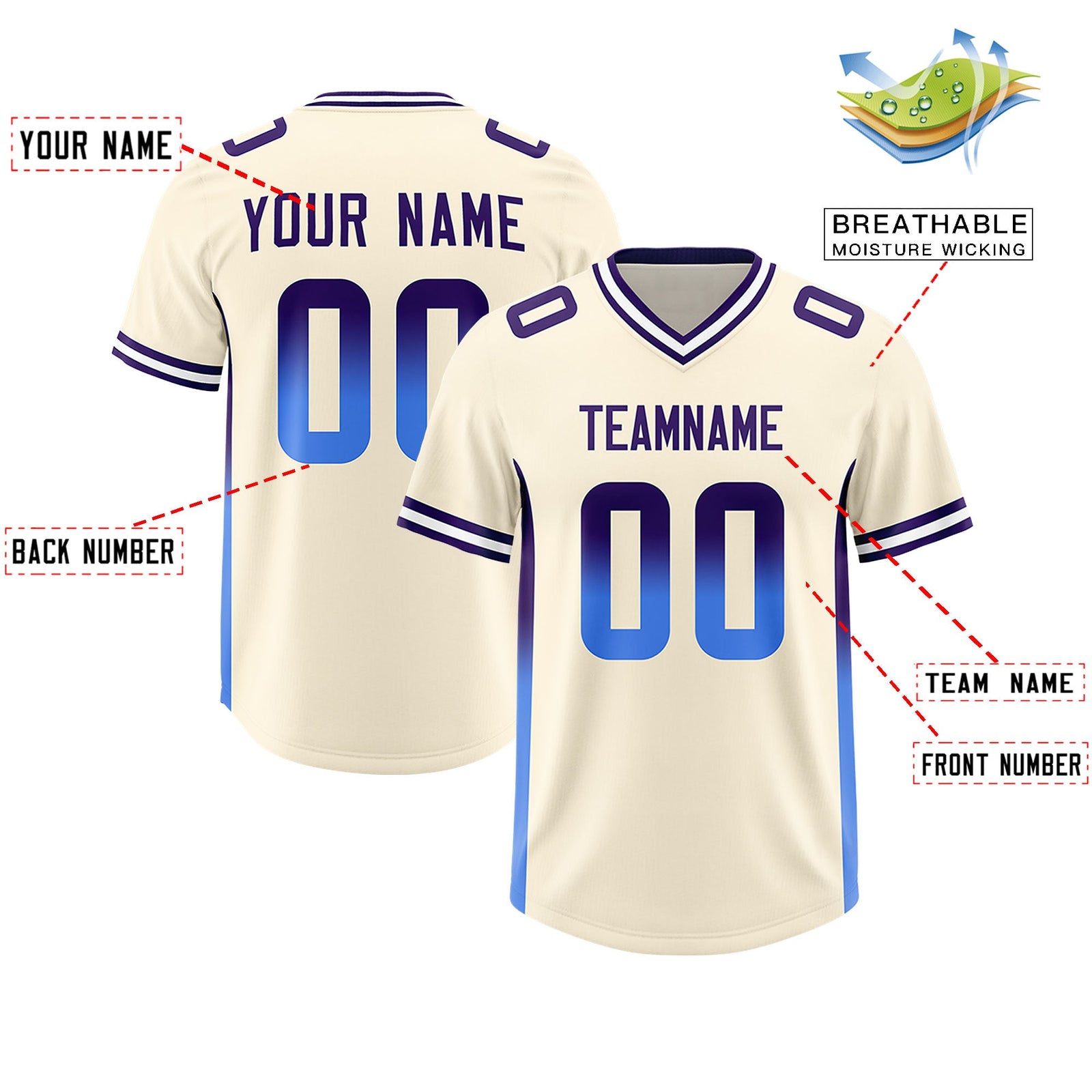 Custom Cream Purple and Powder Blue Sides Gradient Fashion Personalized Team Football Jersey