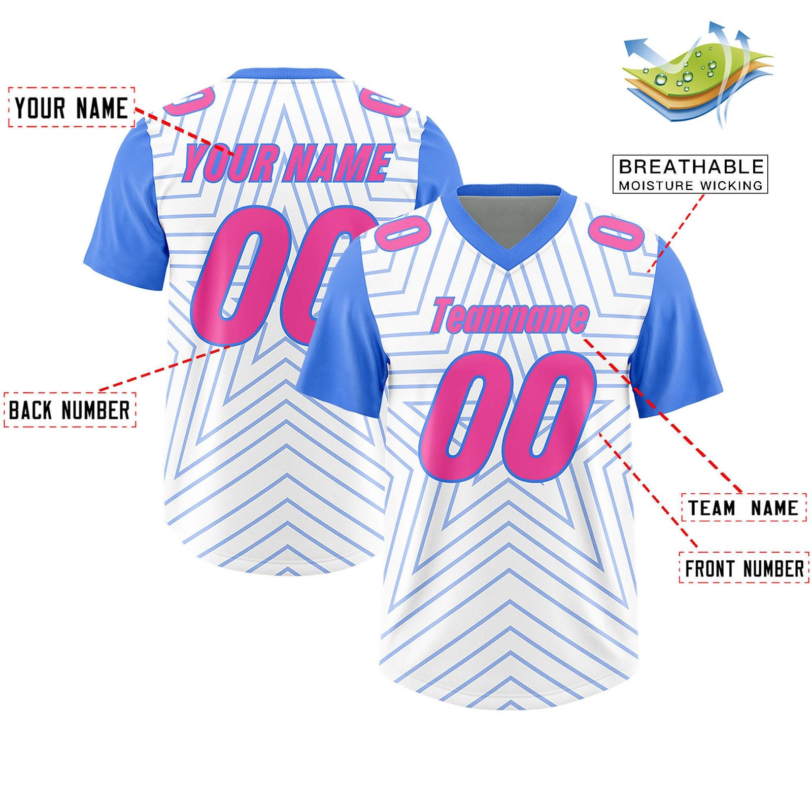 Custom White Powder Blue Personalized Star Pattern Raglan Sleeves Authentic Football Jersey