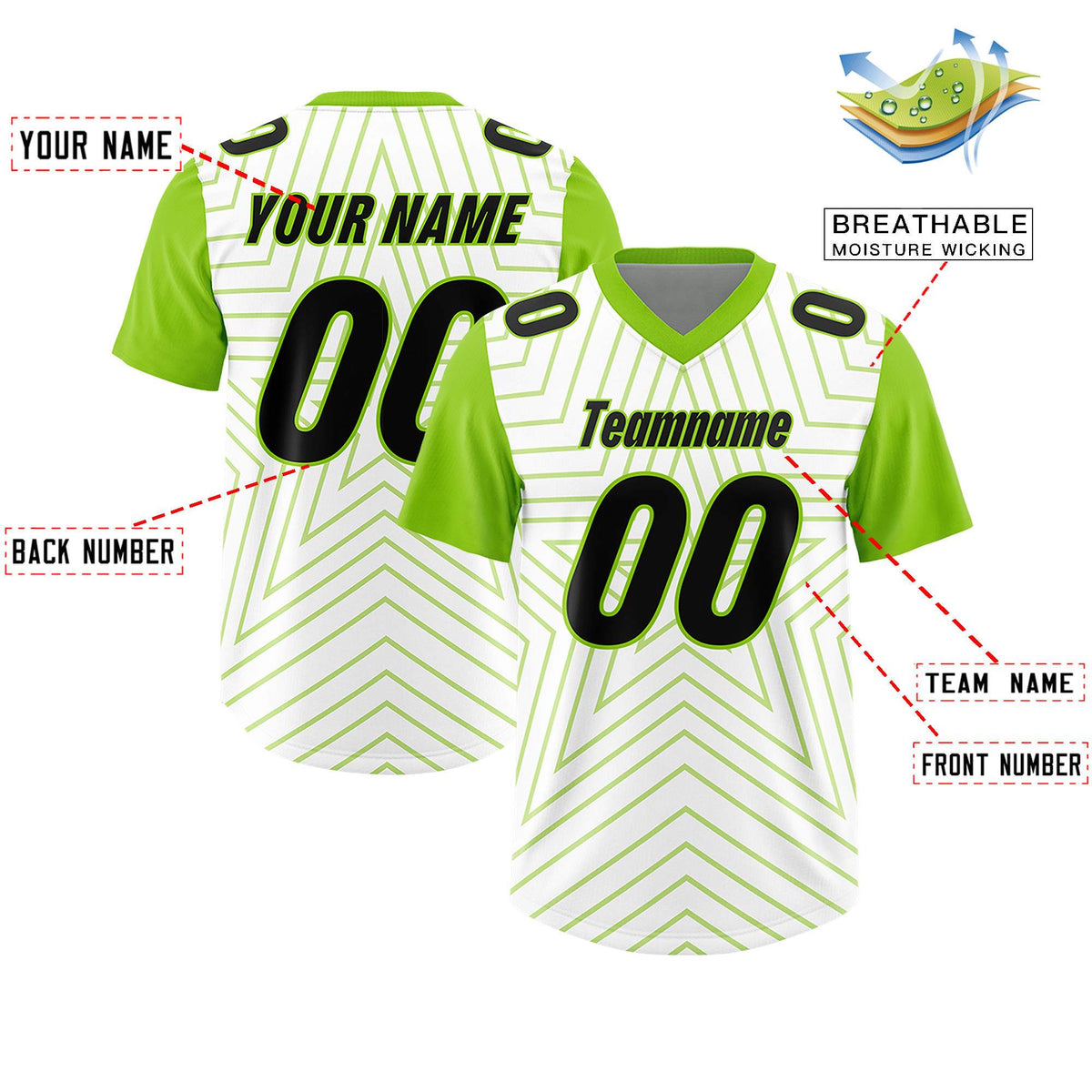Custom White Neon Green Personalized Star Pattern Raglan Sleeves Authentic Football Jersey
