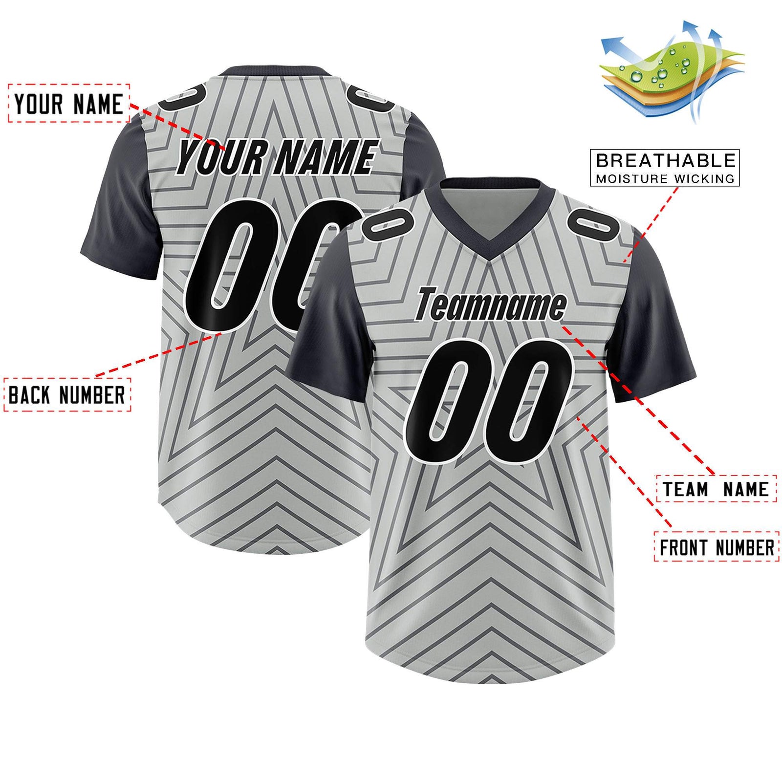 Custom Gray Dark Gray Personalized Star Pattern Raglan Sleeves Authentic Football Jersey