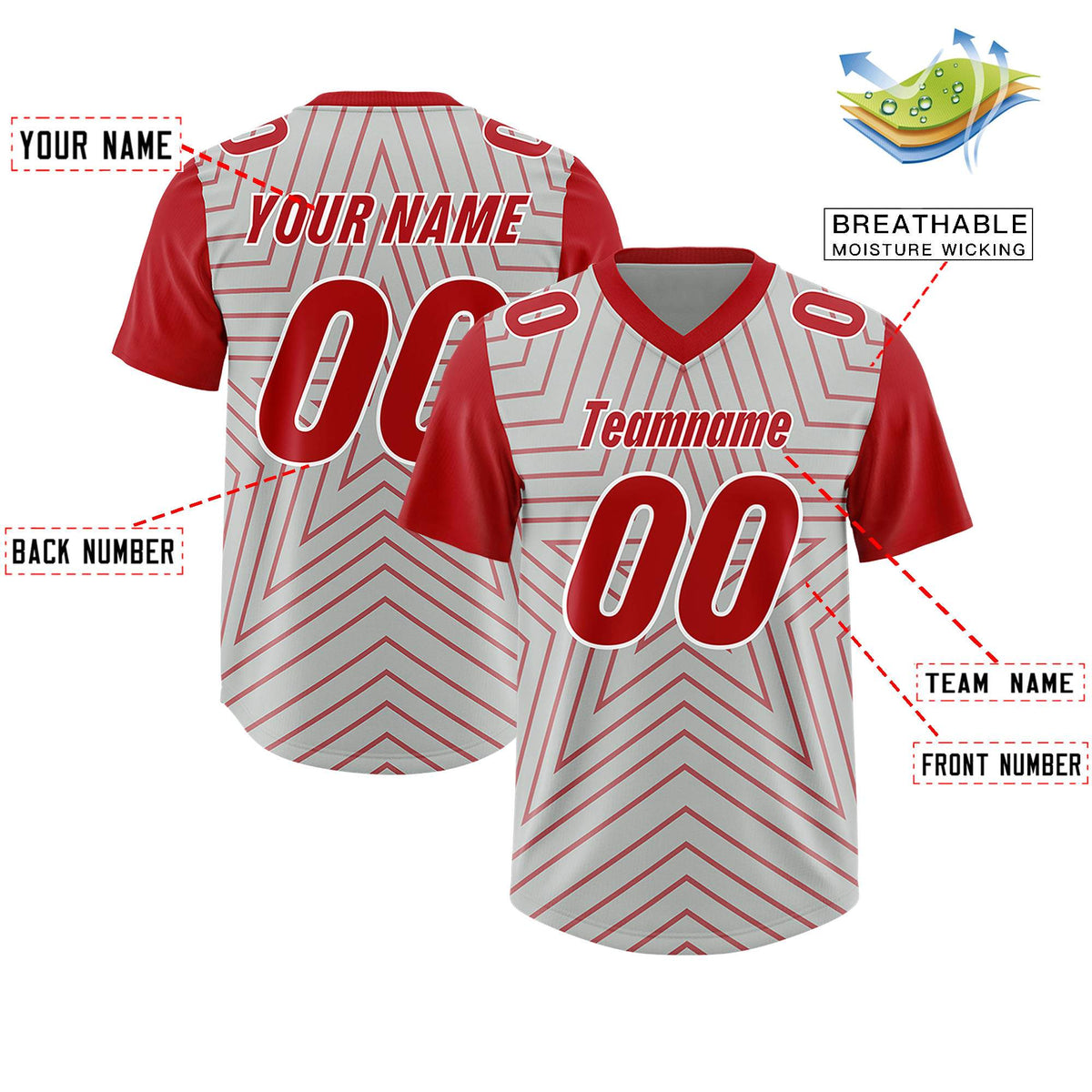 Custom Gray Red Personalized Star Pattern Raglan Sleeves Authentic Football Jersey