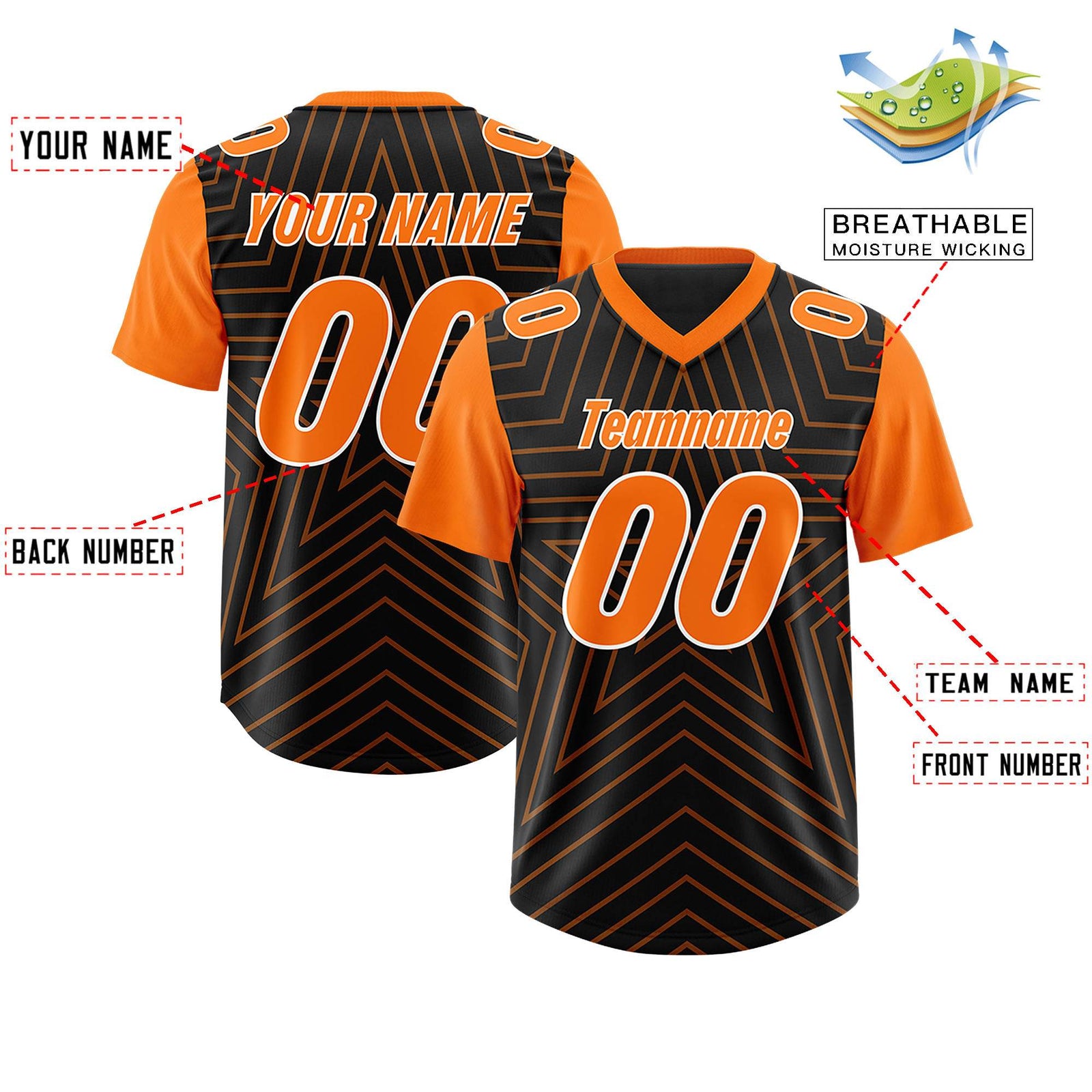 Custom Black Orange Personalized Star Pattern Raglan Sleeves Authentic Football Jersey