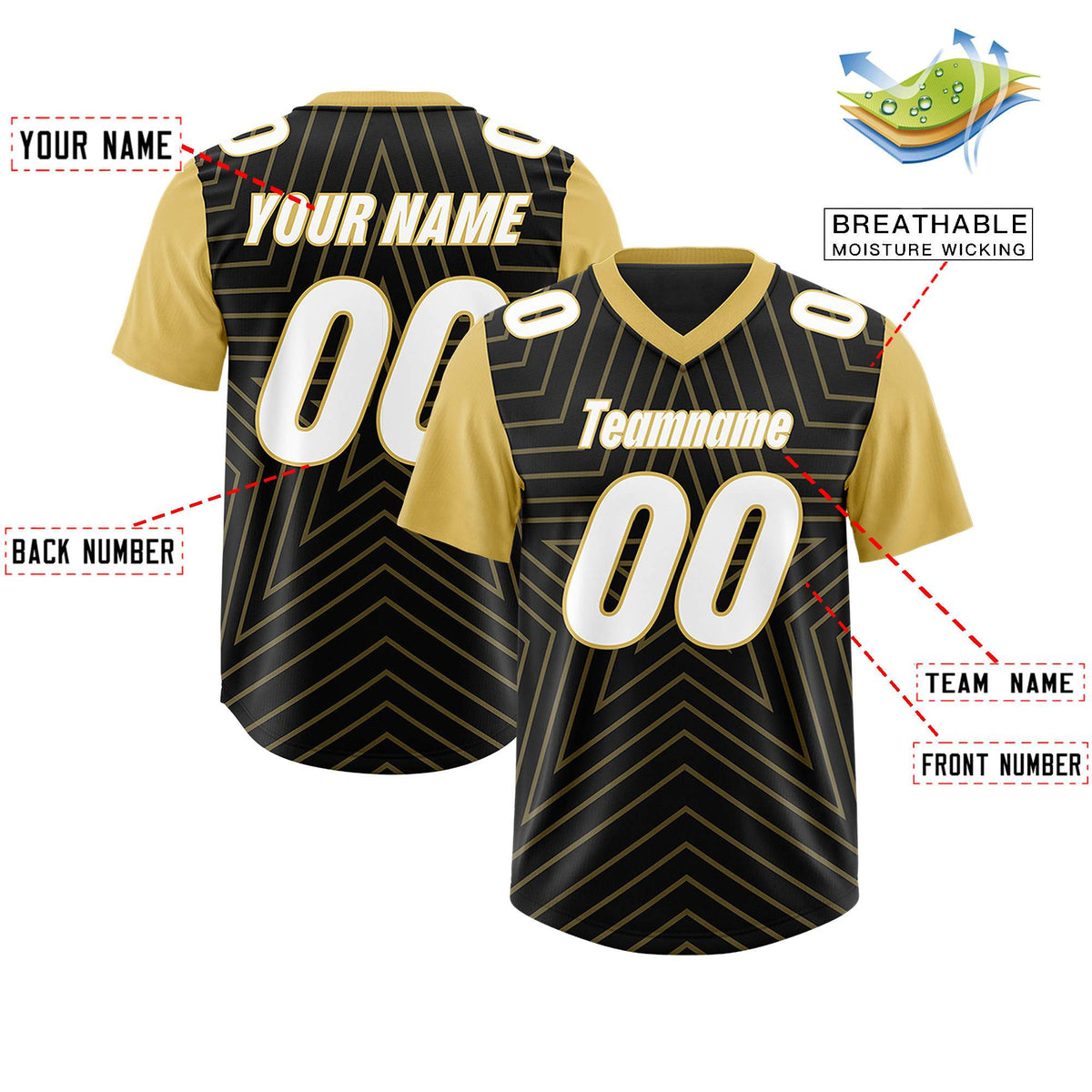 Custom Black Old Gold Personalized Star Pattern Raglan Sleeves Authentic Football Jersey