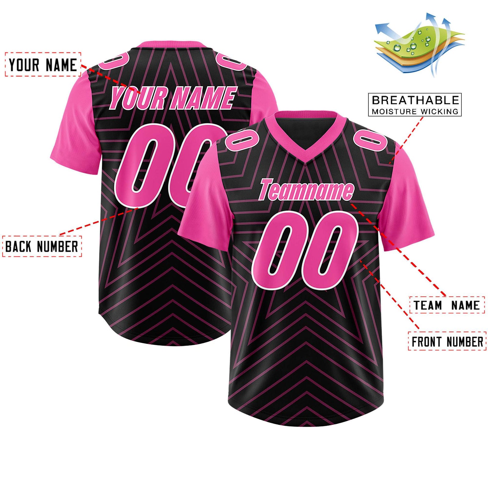 Custom Black Pink Personalized Star Pattern Raglan Sleeves Authentic Football Jersey