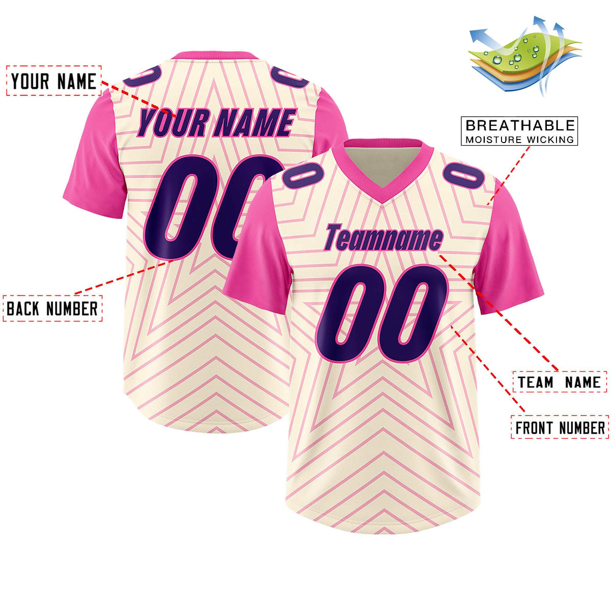 Custom Cream Pink Personalized Star Pattern Raglan Sleeves Authentic Football Jersey