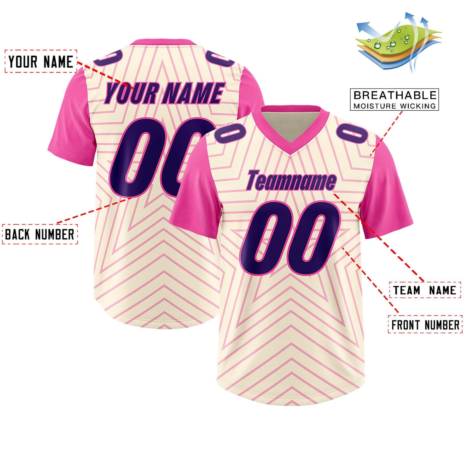 Custom Cream Pink Personalized Star Pattern Raglan Sleeves Authentic Football Jersey