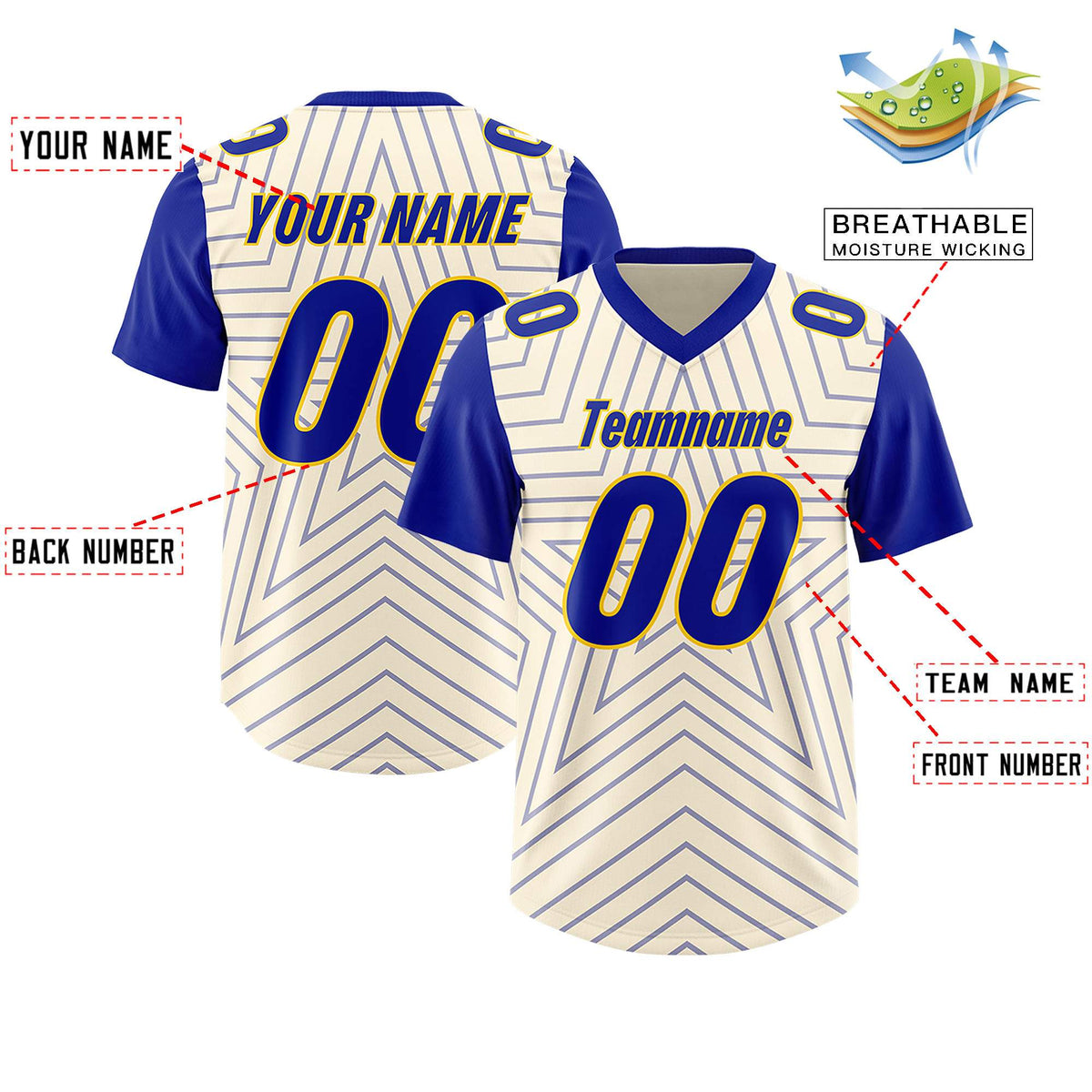 Custom Cream Royal Personalized Star Pattern Raglan Sleeves Authentic Football Jersey