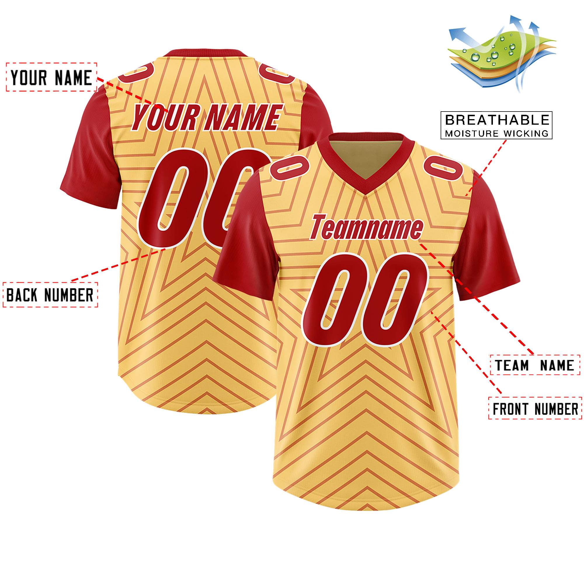 Custom Khaki Red Personalized Star Pattern Raglan Sleeves Authentic Football Jersey