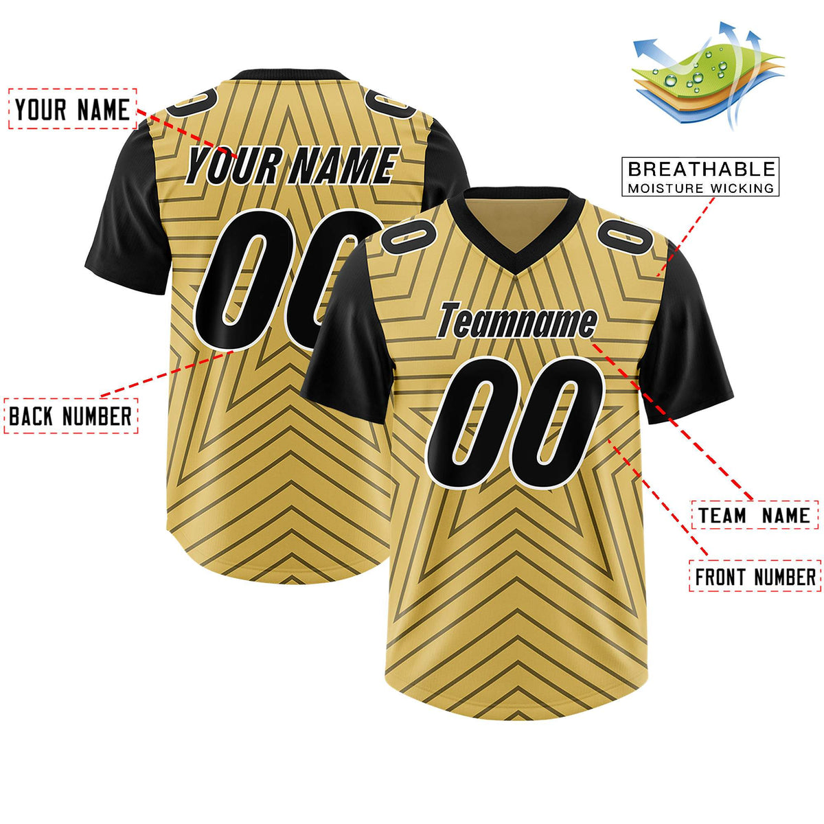 Custom Old Gold Black Personalized Star Pattern Raglan Sleeves Authentic Football Jersey
