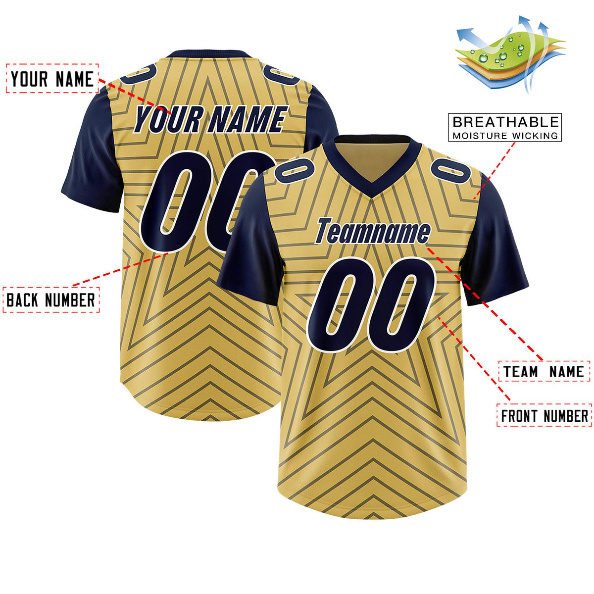 Custom Old Gold Navy Personalized Star Pattern Raglan Sleeves Authentic Football Jersey