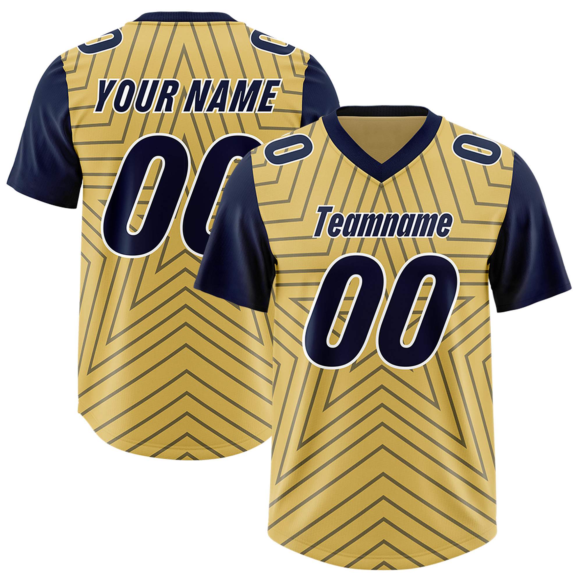 Custom Old Gold Navy Personalized Star Pattern Raglan Sleeves Authentic Football Jersey