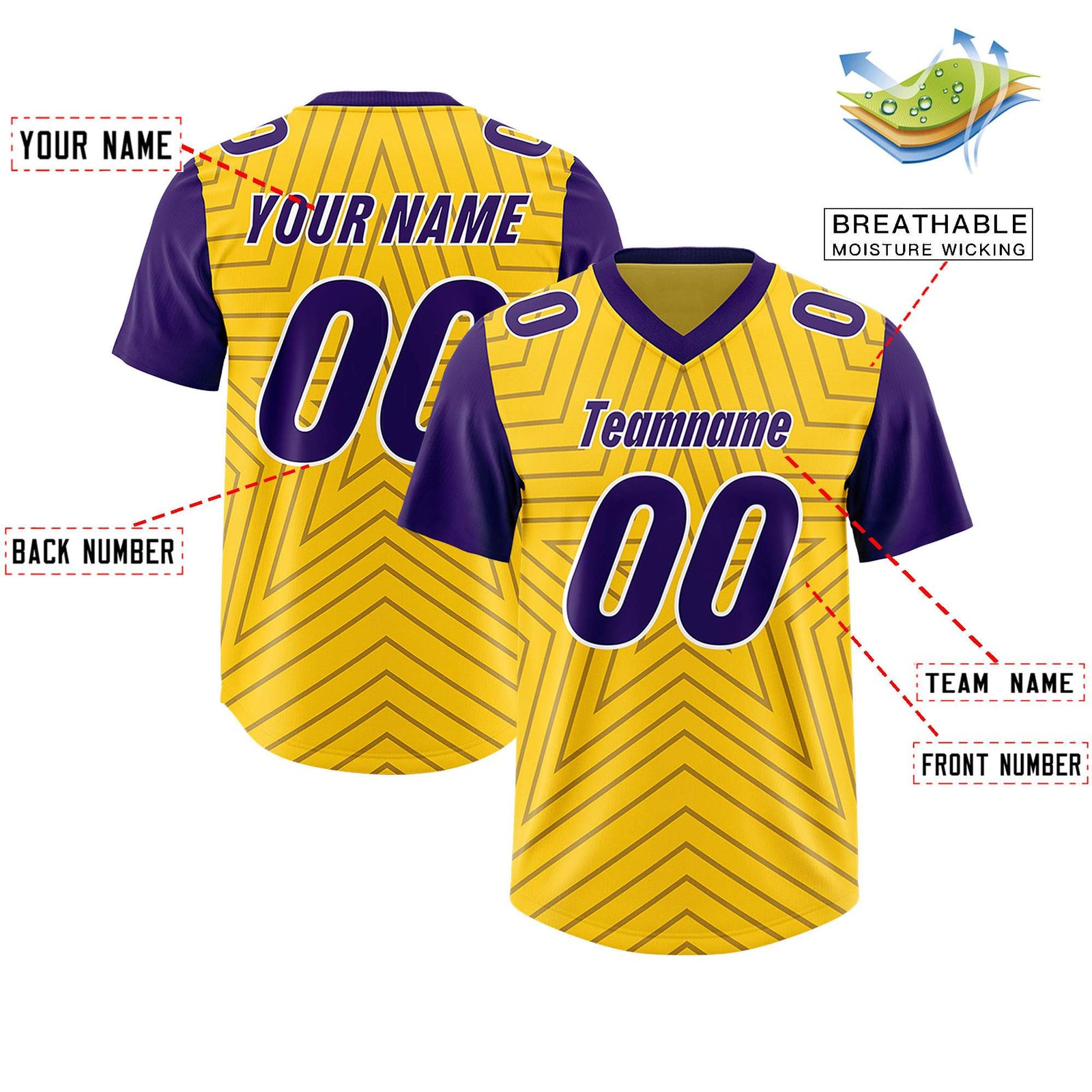 Custom Gold Purple Personalized Star Pattern Raglan Sleeves Authentic Football Jersey