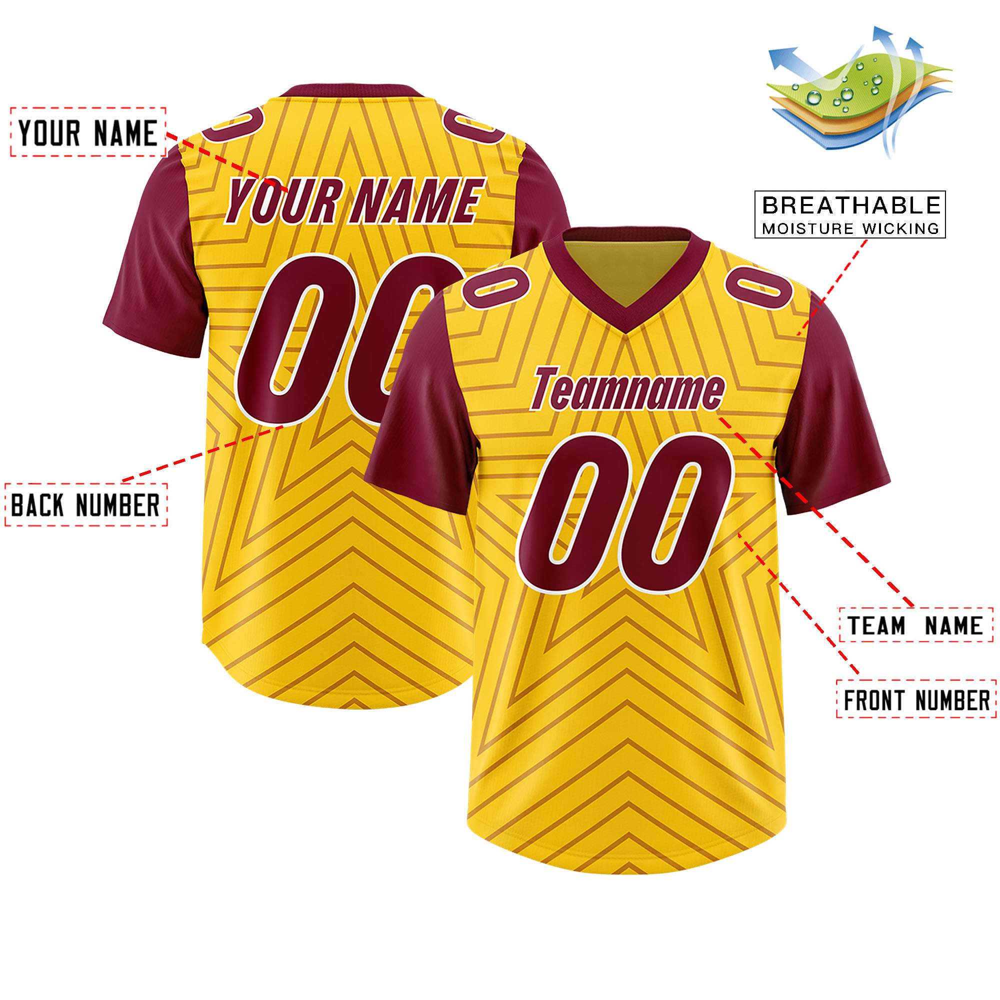 Custom Gold Cardinal Personalized Star Pattern Raglan Sleeves Authentic Football Jersey