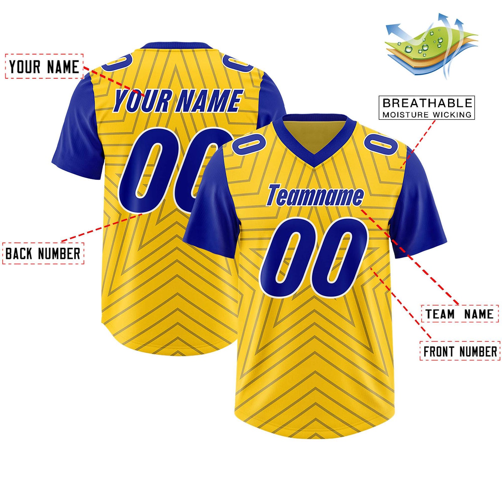Custom Gold Royal Personalized Star Pattern Raglan Sleeves Authentic Football Jersey