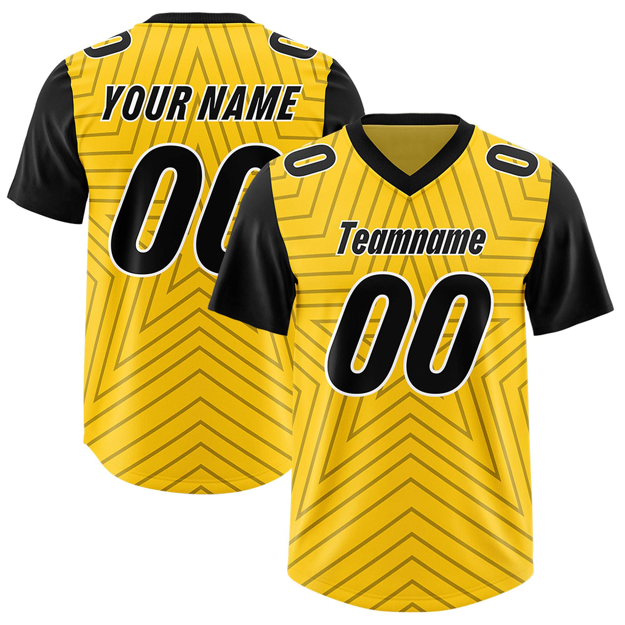 Custom Gold Black Personalized Star Pattern Raglan Sleeves Authentic Football Jersey