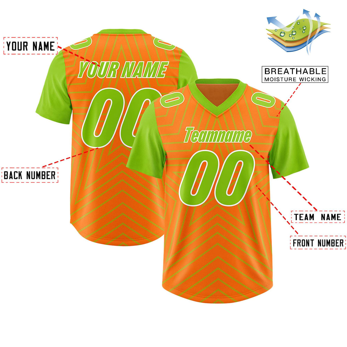Custom Orange Neon Green Personalized Star Pattern Raglan Sleeves Authentic Football Jersey