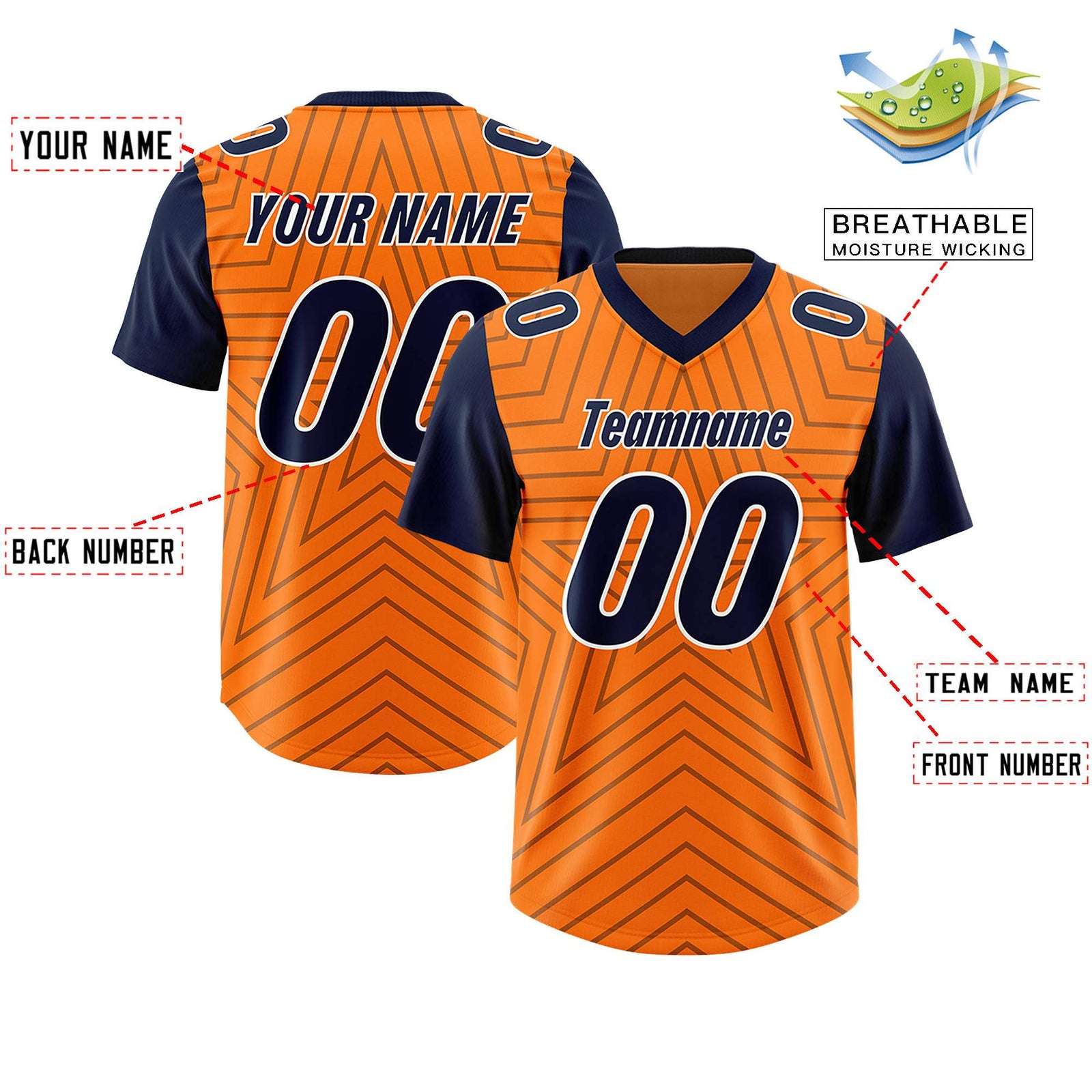 Custom Orange Navy Personalized Star Pattern Raglan Sleeves Authentic Football Jersey