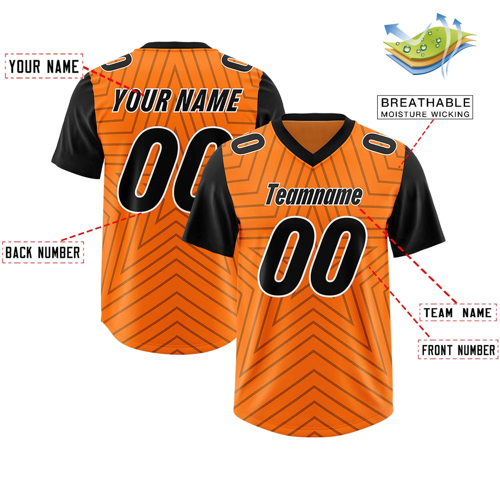Custom Orange Black Personalized Star Pattern Raglan Sleeves Authentic Football Jersey