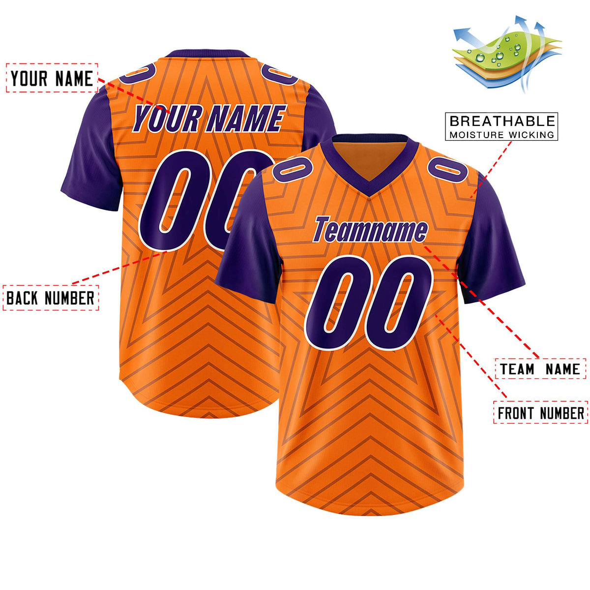 Custom Orange Purple Personalized Star Pattern Raglan Sleeves Authentic Football Jersey