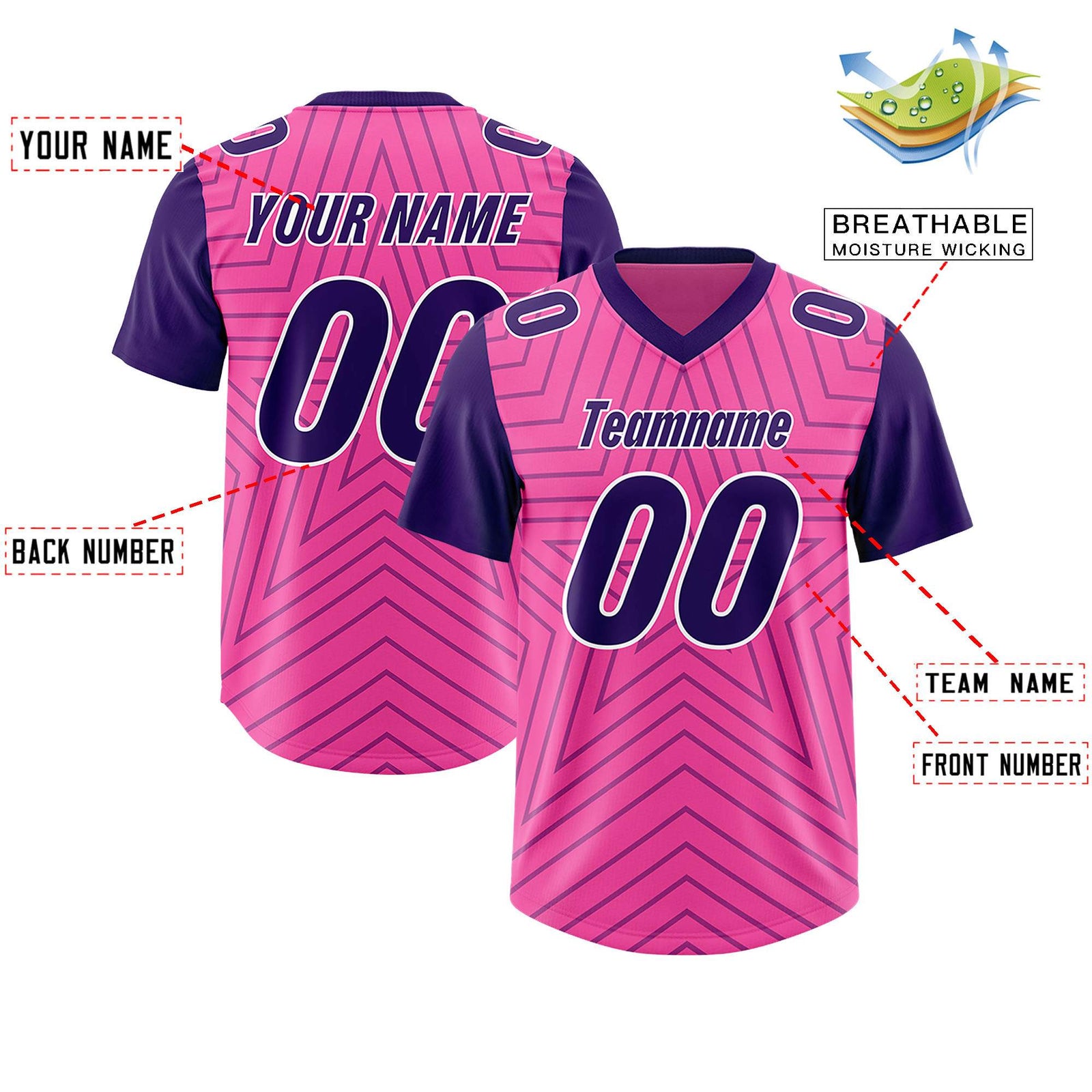 Custom Pink Purple Personalized Star Pattern Raglan Sleeves Authentic Football Jersey