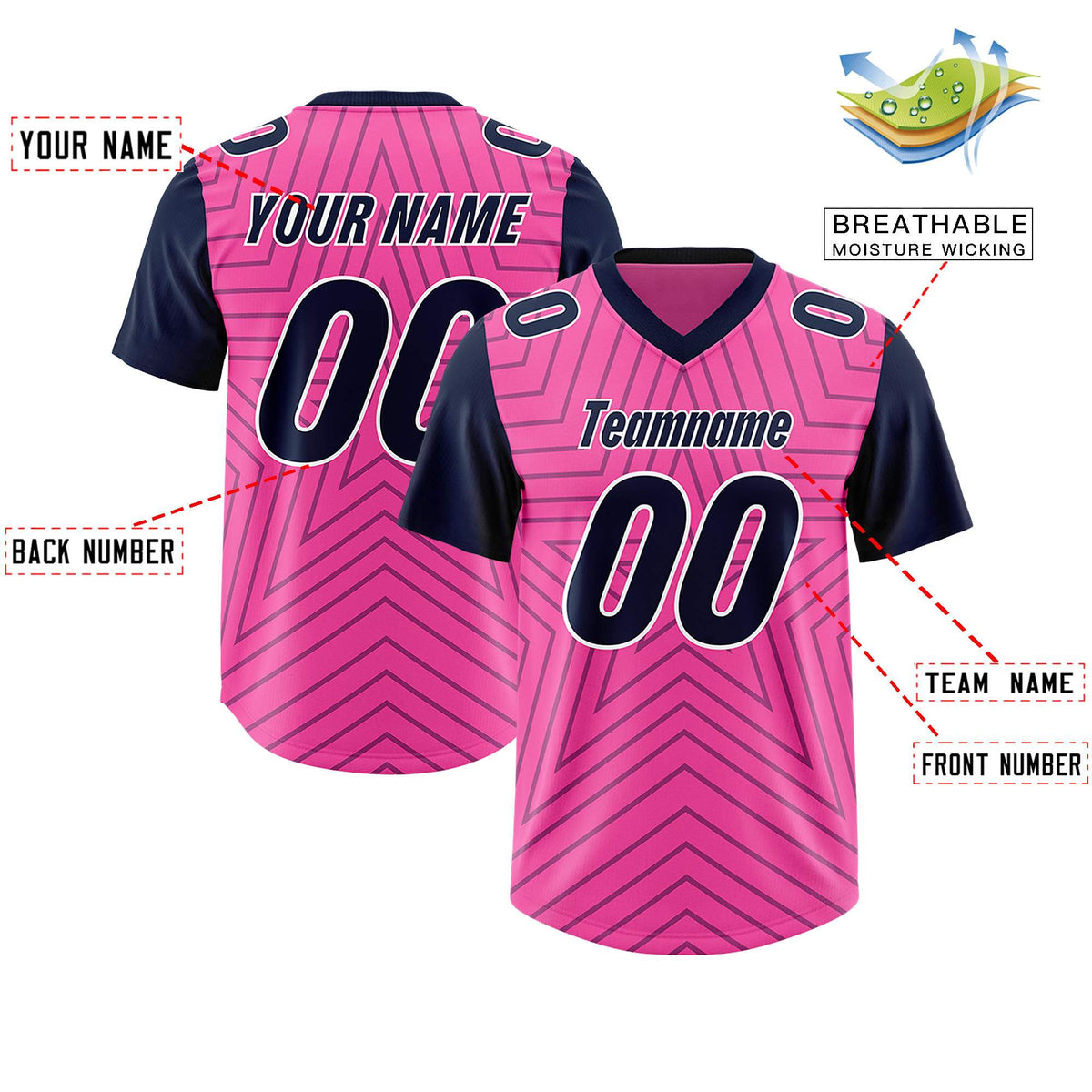 Custom Pink Navy Personalized Star Pattern Raglan Sleeves Authentic Football Jersey