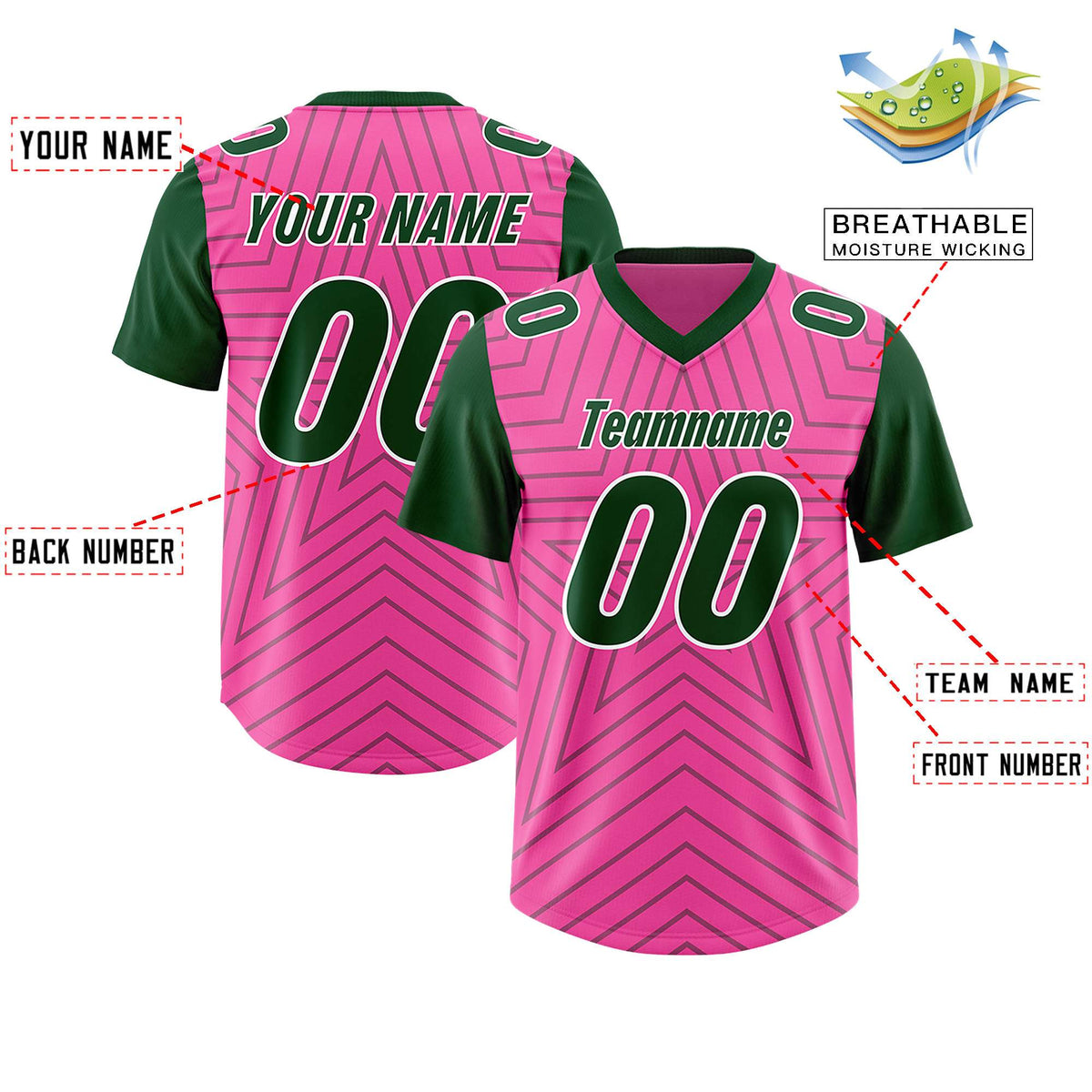 Custom Pink Green Personalized Star Pattern Raglan Sleeves Authentic Football Jersey
