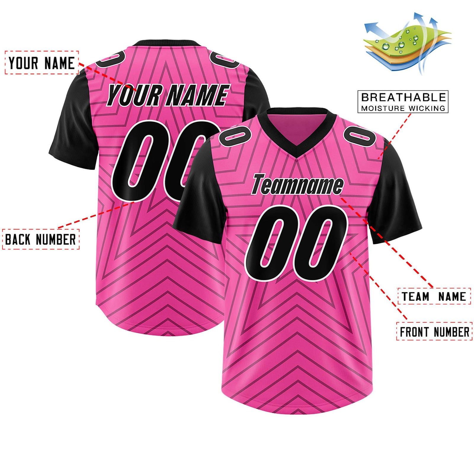 Custom Pink Black Personalized Star Pattern Raglan Sleeves Authentic Football Jersey
