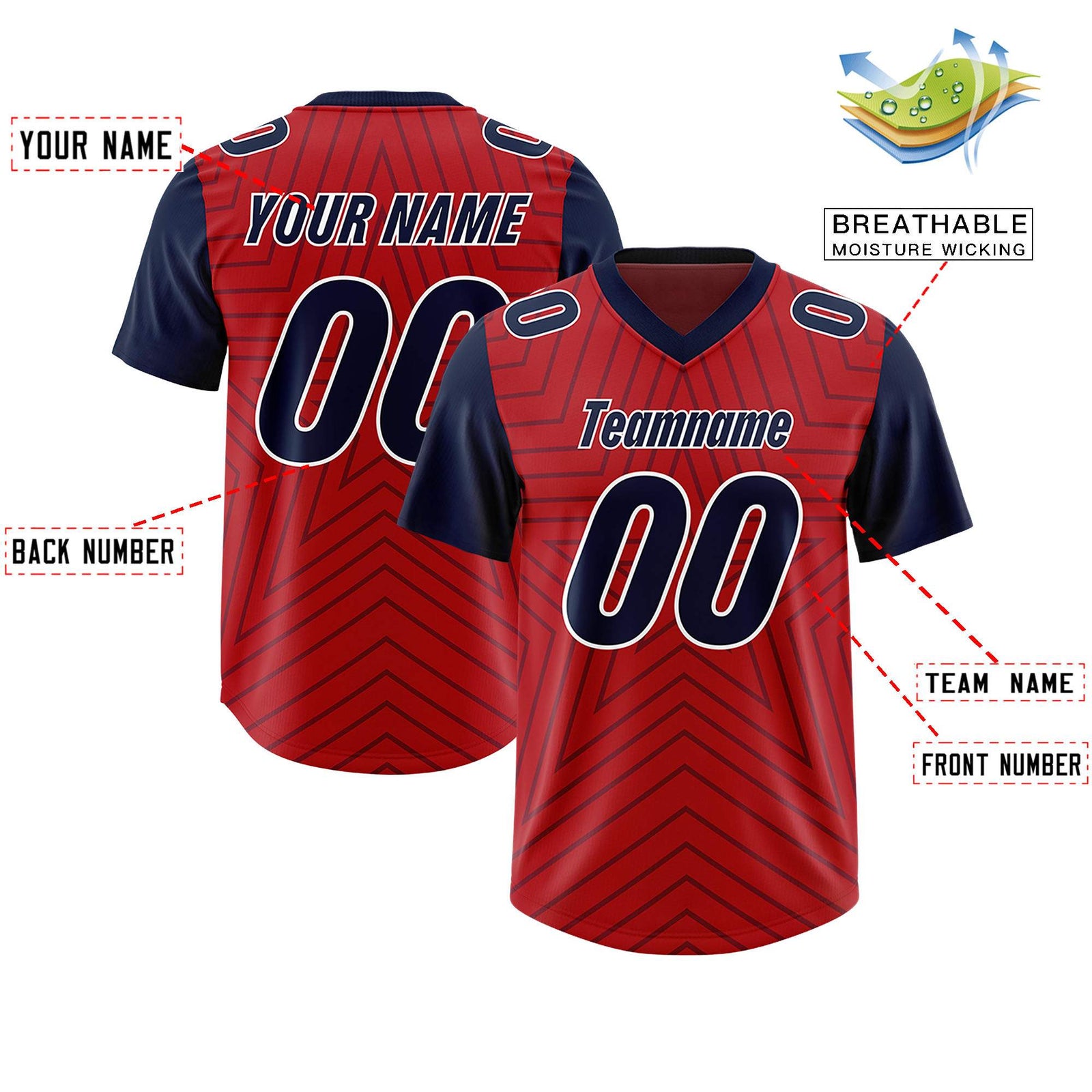 Custom Red Navy Personalized Star Pattern Raglan Sleeves Authentic Football Jersey