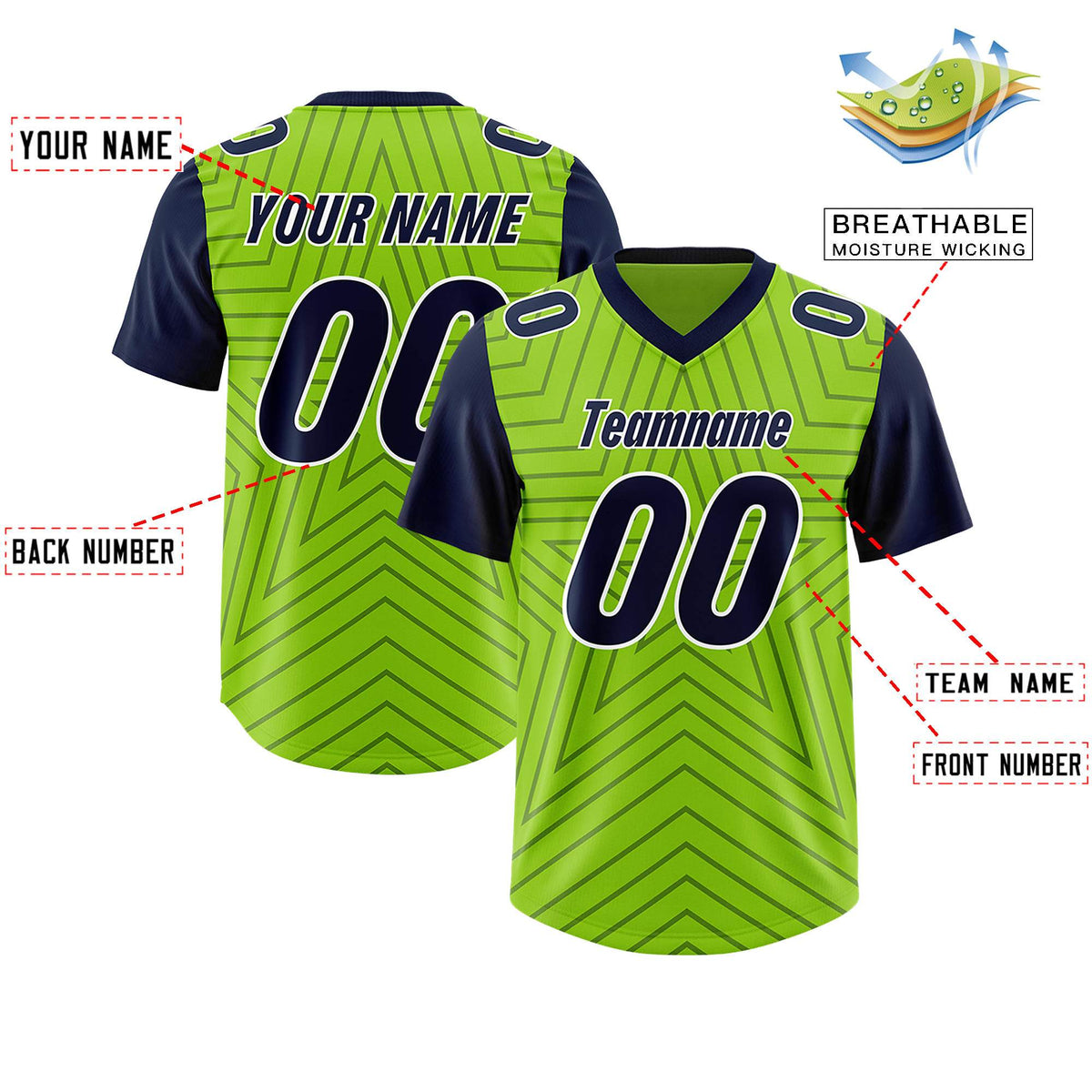 Custom Neon Green Navy Personalized Star Pattern Raglan Sleeves Authentic Football Jersey