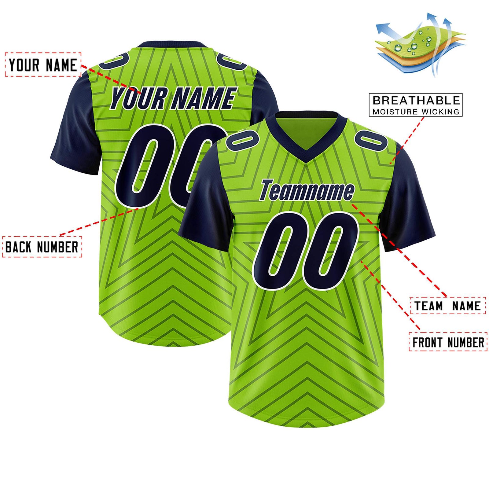 Custom Neon Green Navy Personalized Star Pattern Raglan Sleeves Authentic Football Jersey