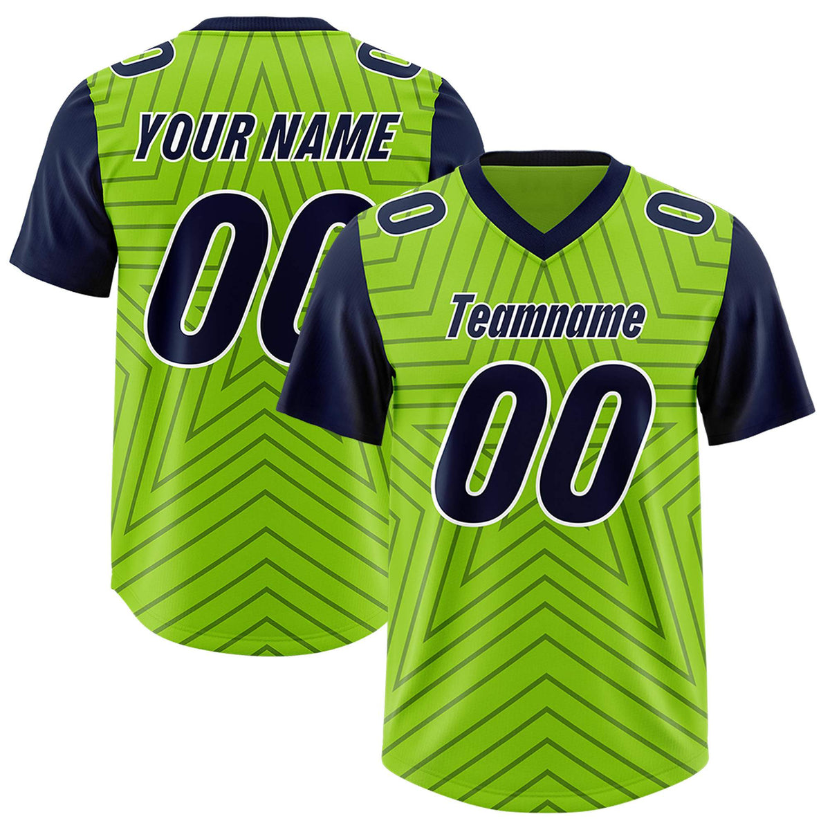 Custom Neon Green Navy Personalized Star Pattern Raglan Sleeves Authentic Football Jersey