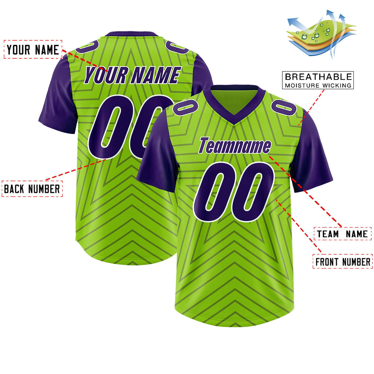 Custom Neon Green Purple Personalized Star Pattern Raglan Sleeves Authentic Football Jersey