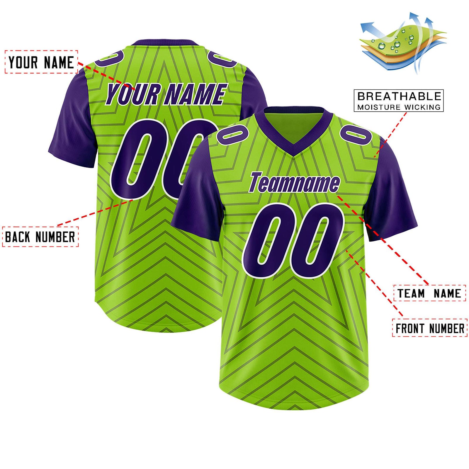 Custom Neon Green Purple Personalized Star Pattern Raglan Sleeves Authentic Football Jersey