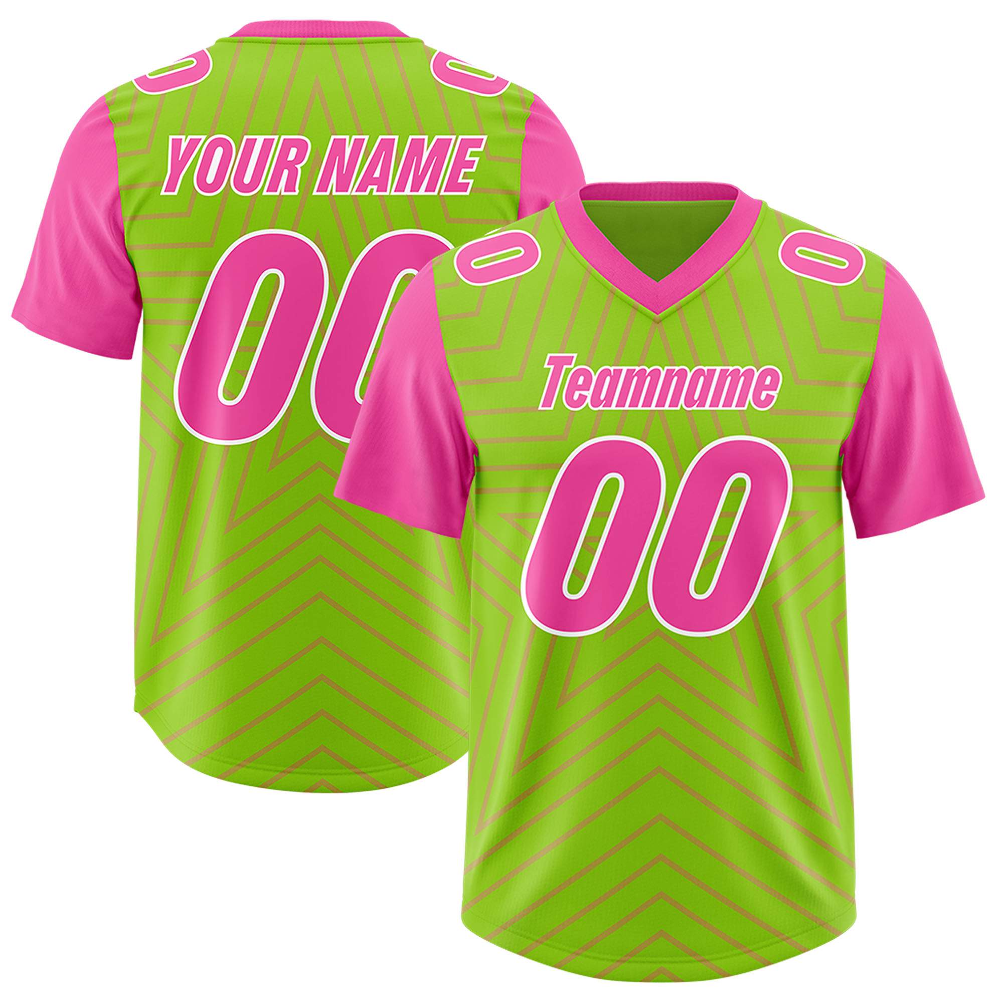 Custom Neon Green Pink Personalized Star Pattern Raglan Sleeves Authentic Football Jersey