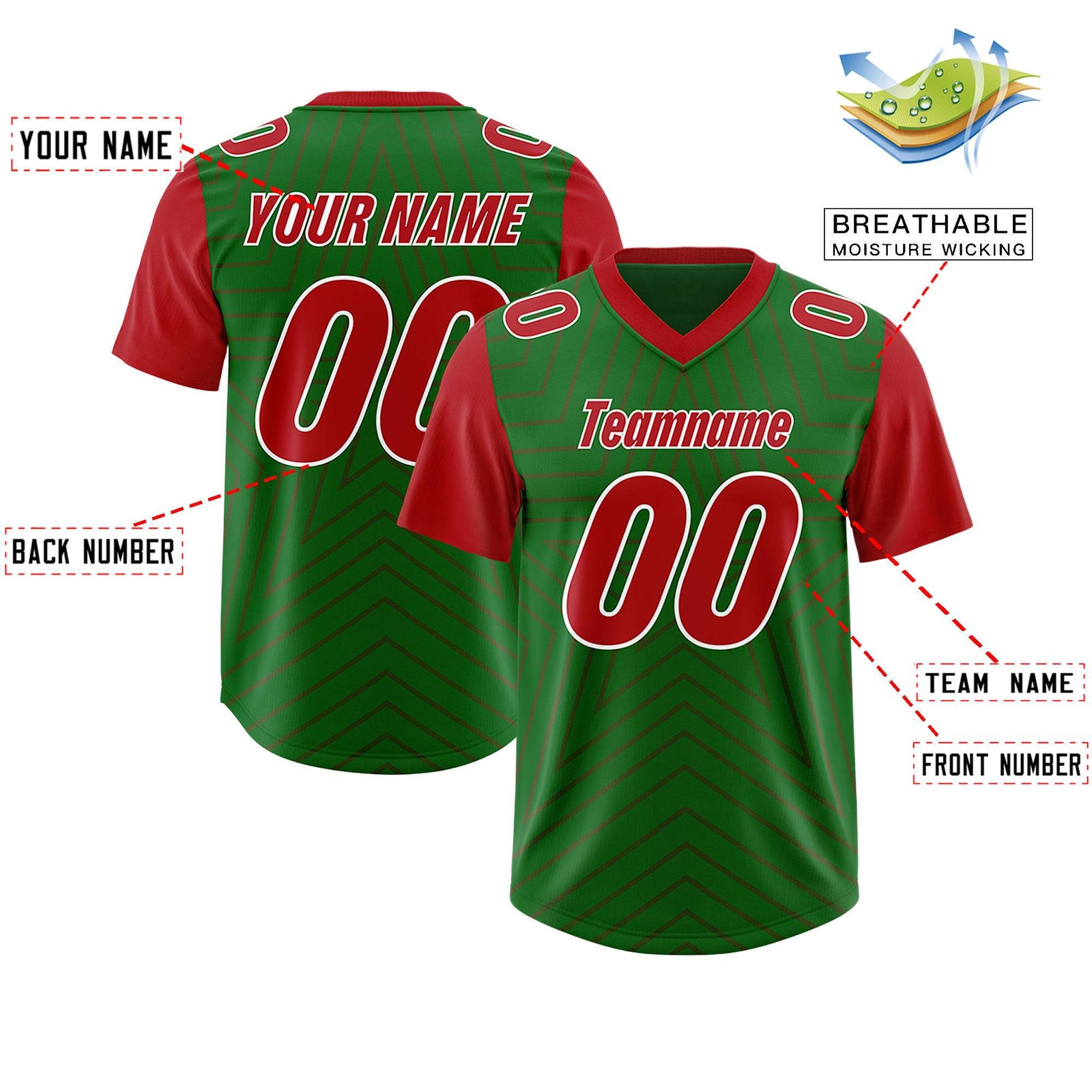 Custom Kelly Green Red Personalized Star Pattern Raglan Sleeves Authentic Football Jersey