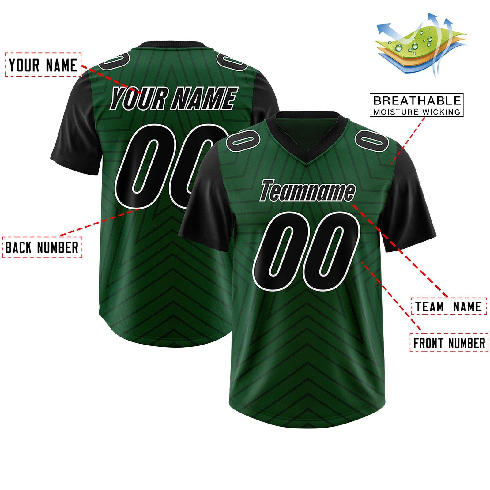 Custom Green Black Personalized Star Pattern Raglan Sleeves Authentic Football Jersey
