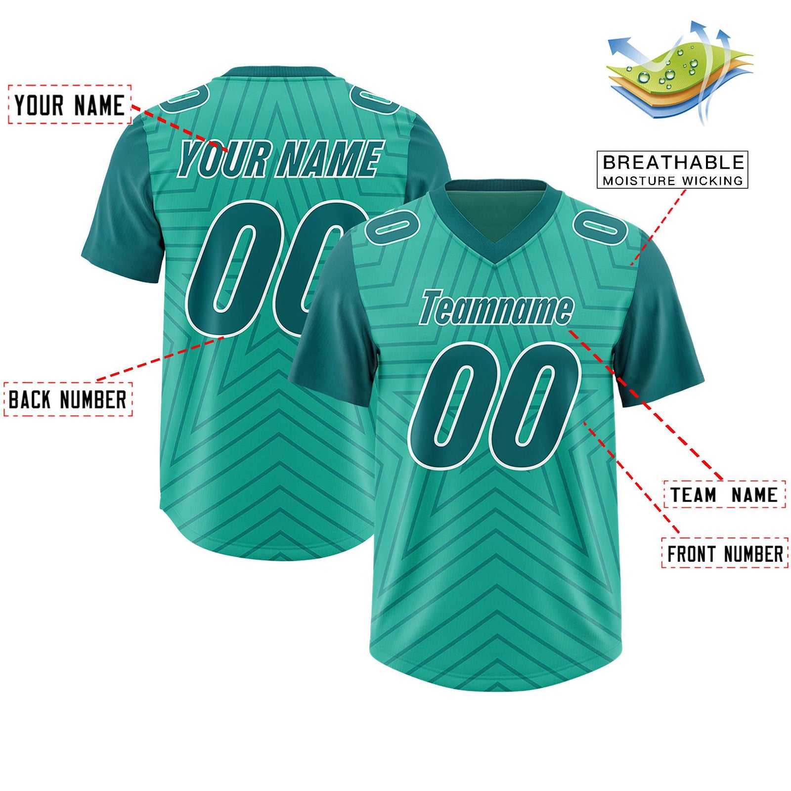 Custom Bright Green Aqua Personalized Star Pattern Raglan Sleeves Authentic Football Jersey