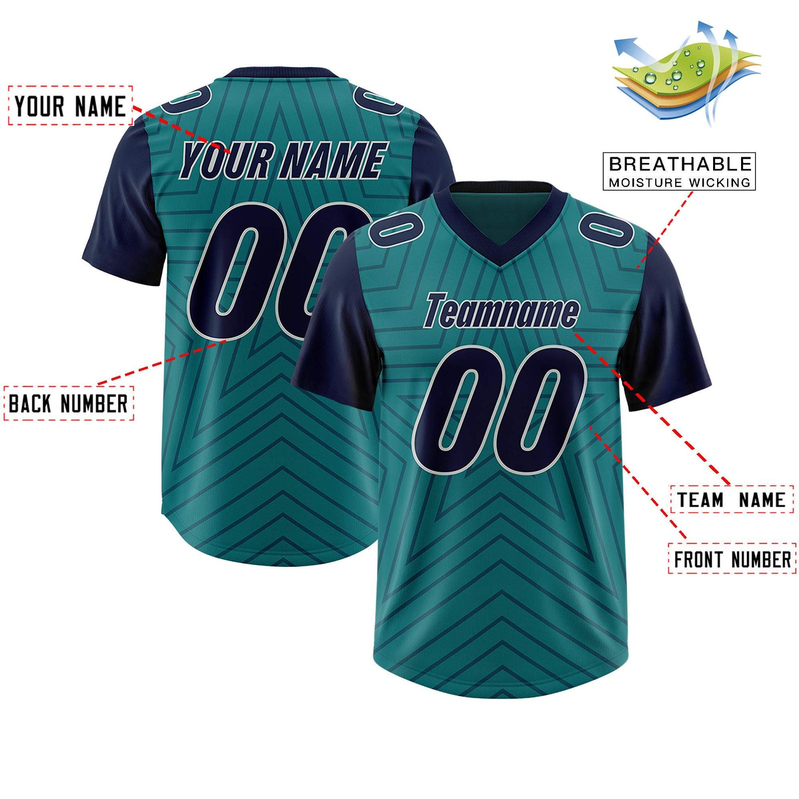 Custom Aqua Navy Personalized Star Pattern Raglan Sleeves Authentic Football Jersey